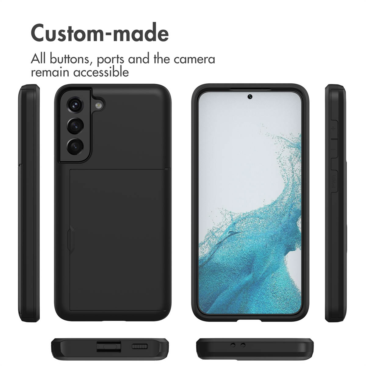Coque de téléphone noire avec porte-cartes montrée sous plusieurs angles.