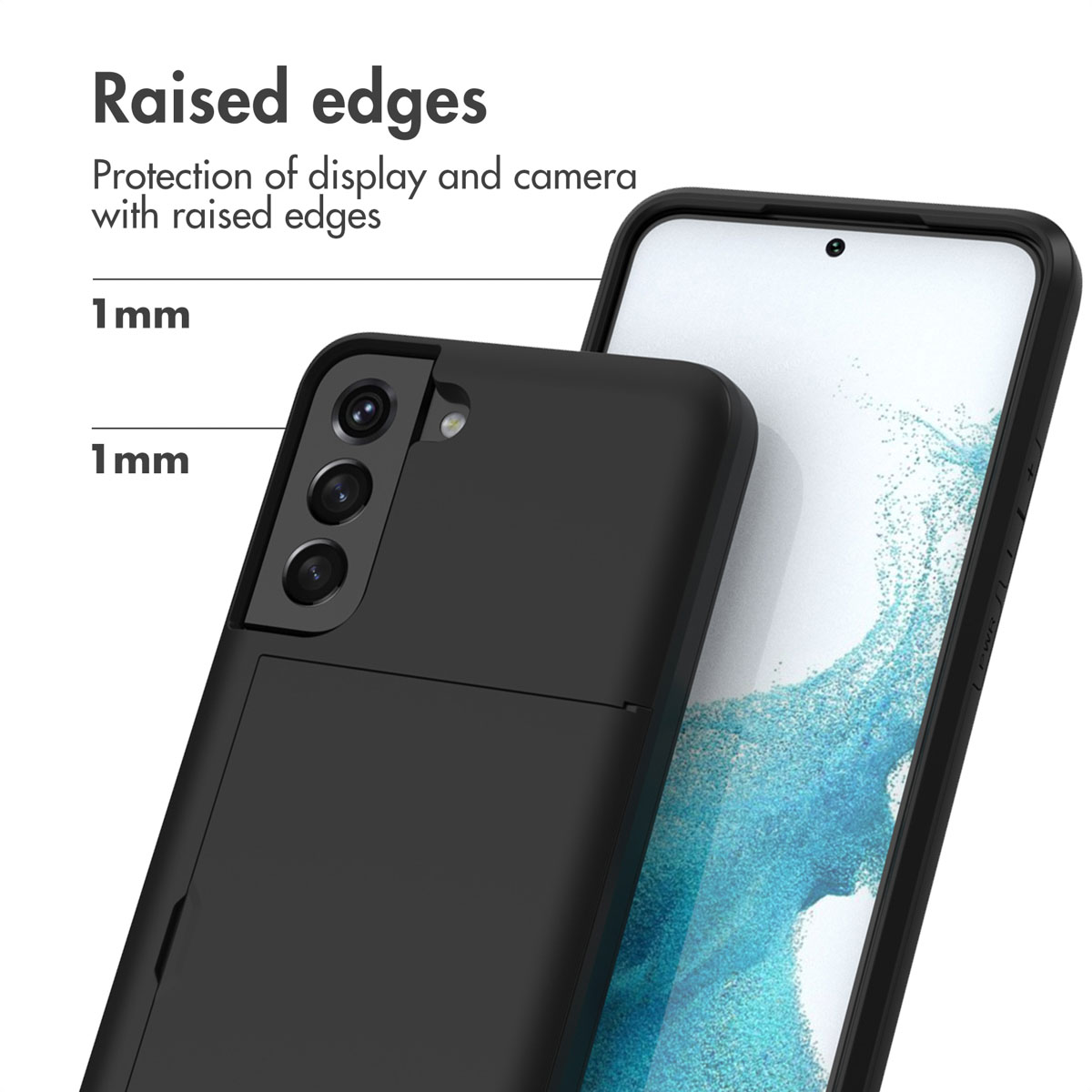 Une coque noire pour smartphone met en avant des bords surélevés de 1 mm pour l'appareil photo et l'écran.