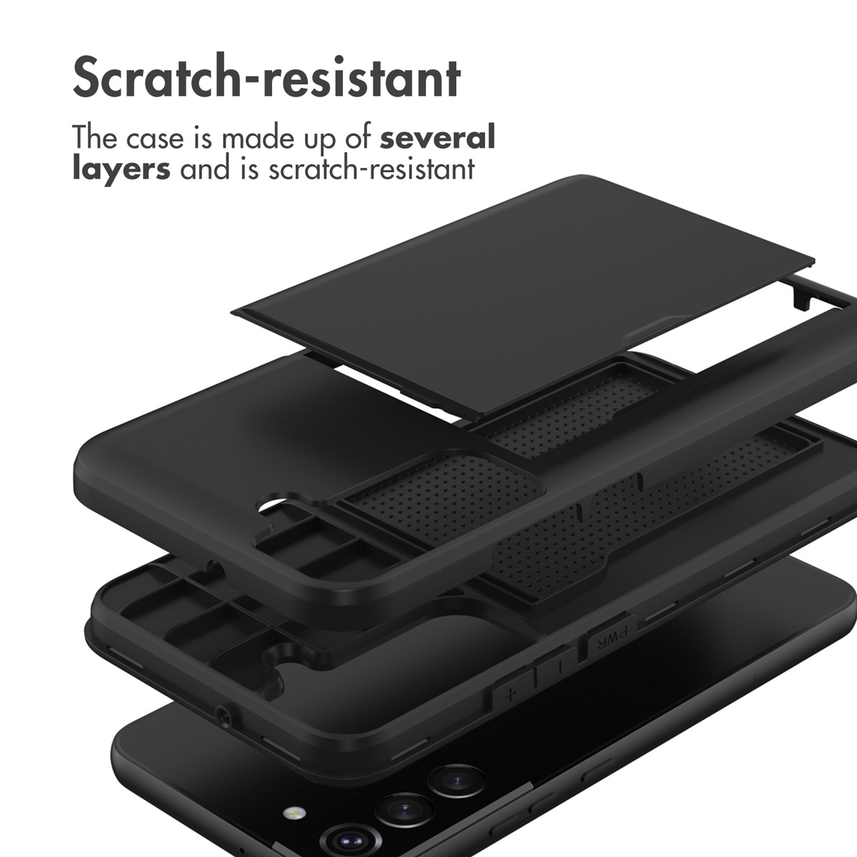 Une coque de téléphone noire multicouche résistante aux rayures montrée en pièces détachées.