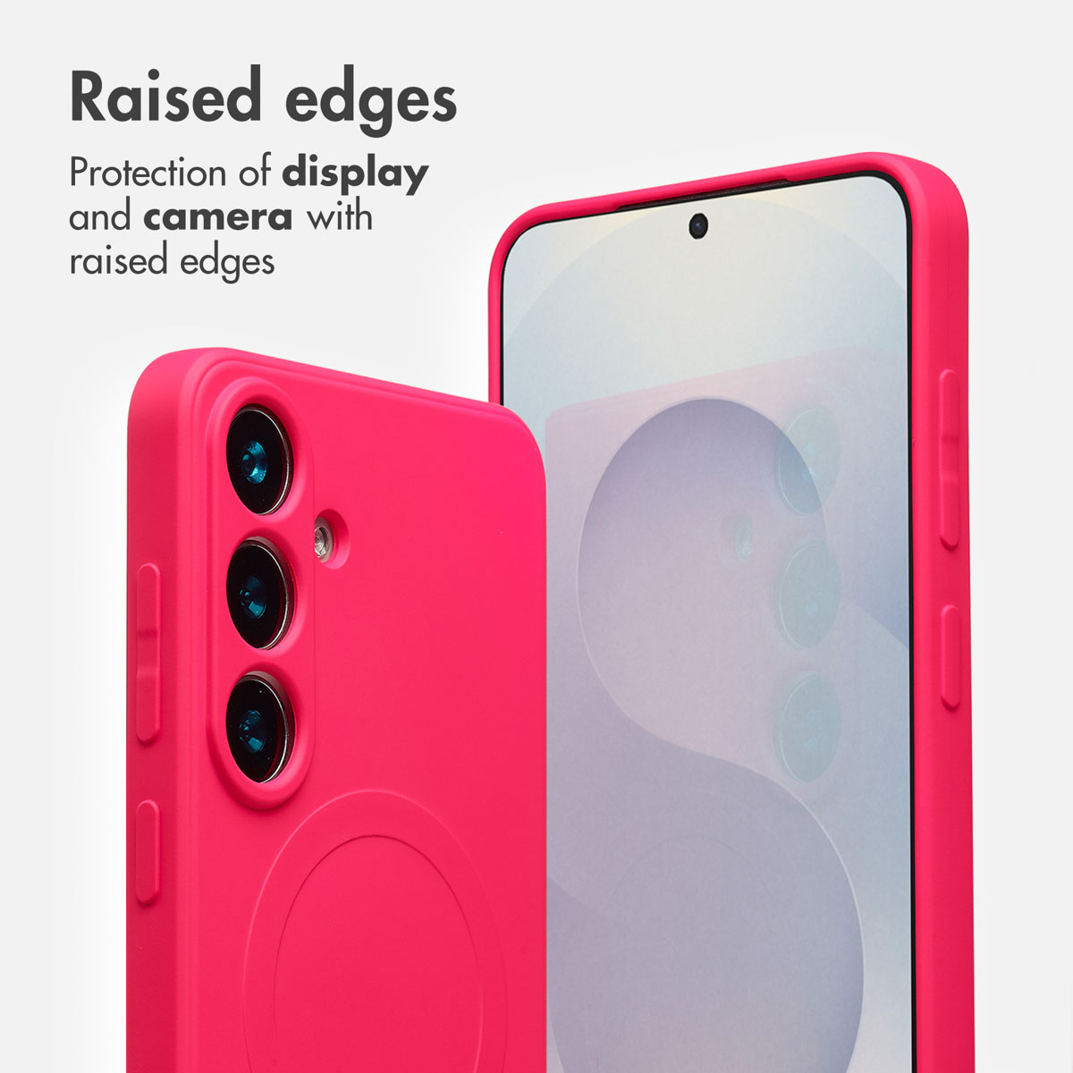 Uno smartphone rosa con bordi rialzati per proteggere display e fotocamera.