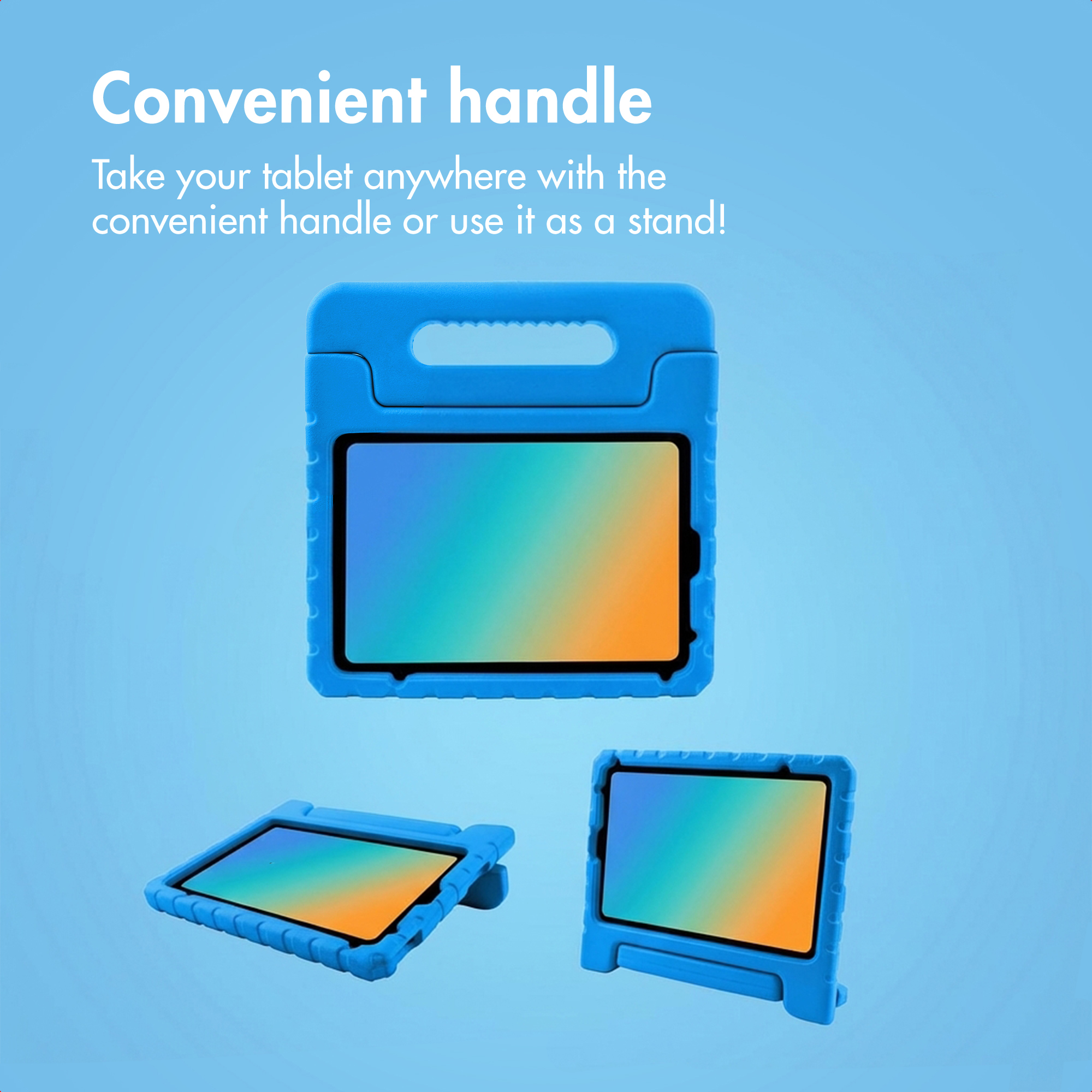 Tre viste di una custodia blu per tablet con maniglia integrata e funzione di supporto su sfondo blu.