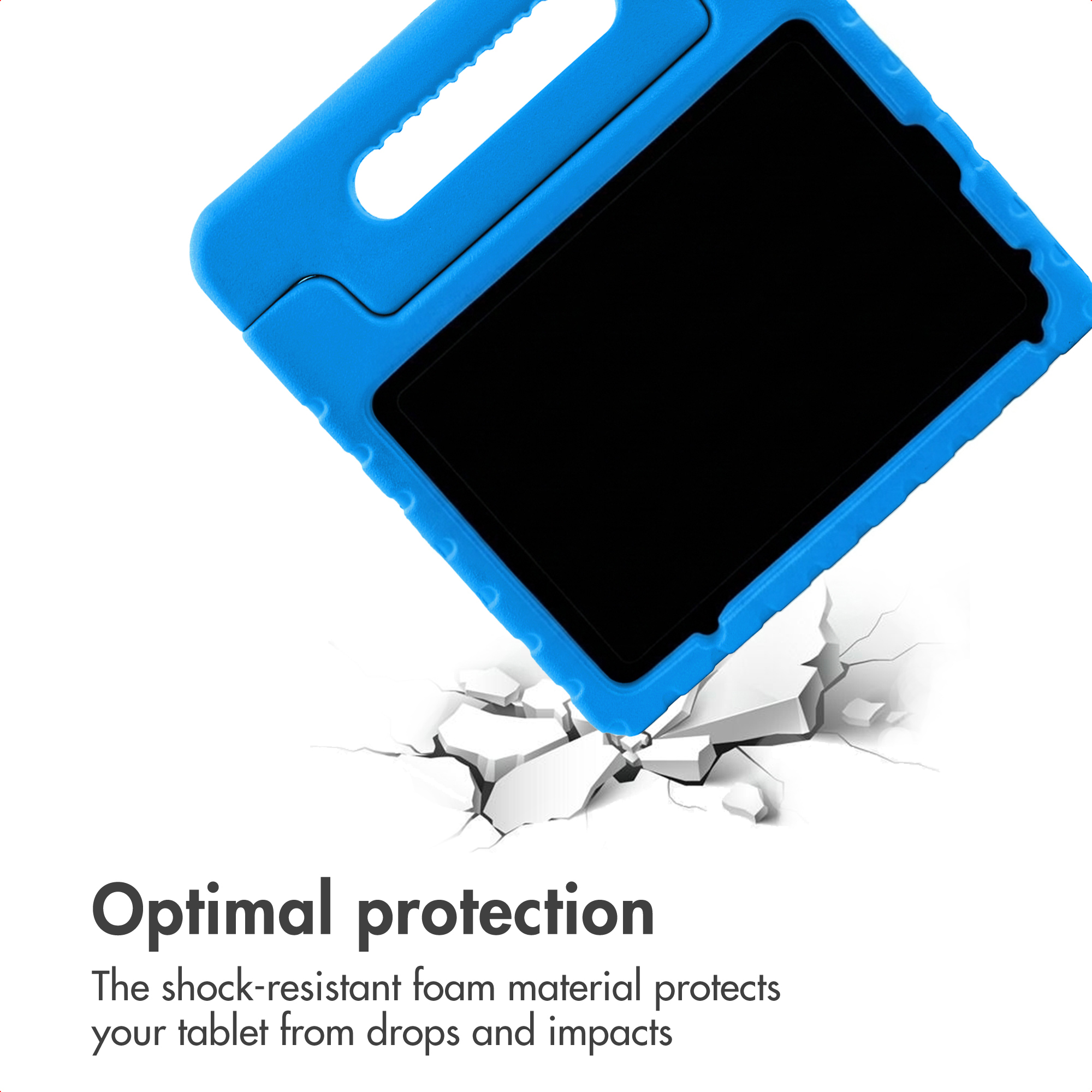 Una custodia blu antiurto per tablet sfonda una superficie bianca, con testo sotto che indica protezione ottimale.