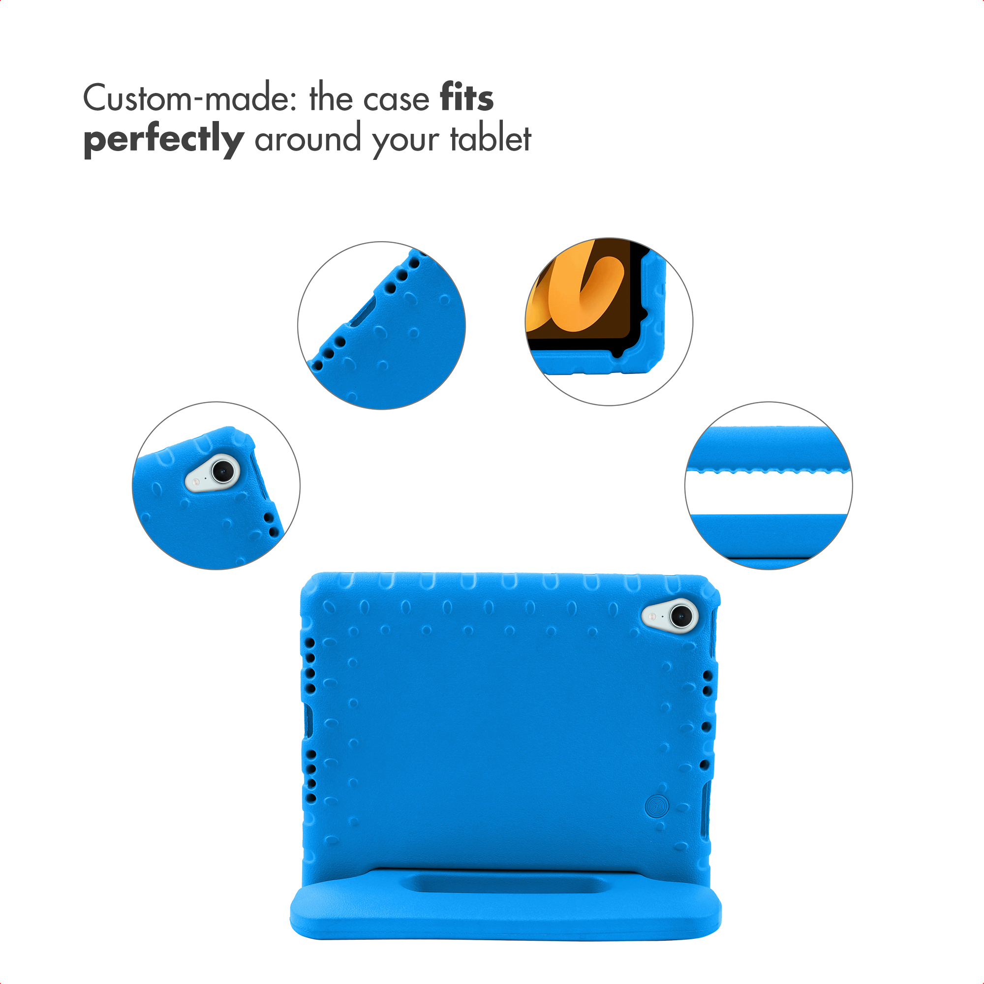 Una custodia blu per tablet per bambini con quattro immagini circolari ravvicinate che mostrano la forma.