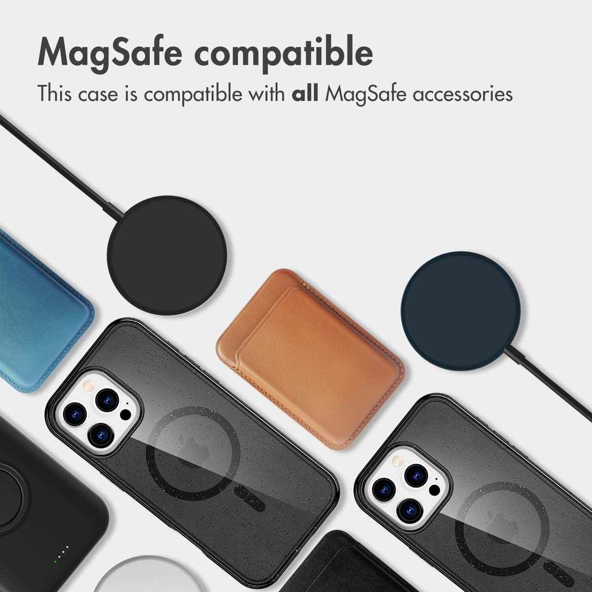 Custodie e accessori compatibili MagSafe su sfondo chiaro con testo.
