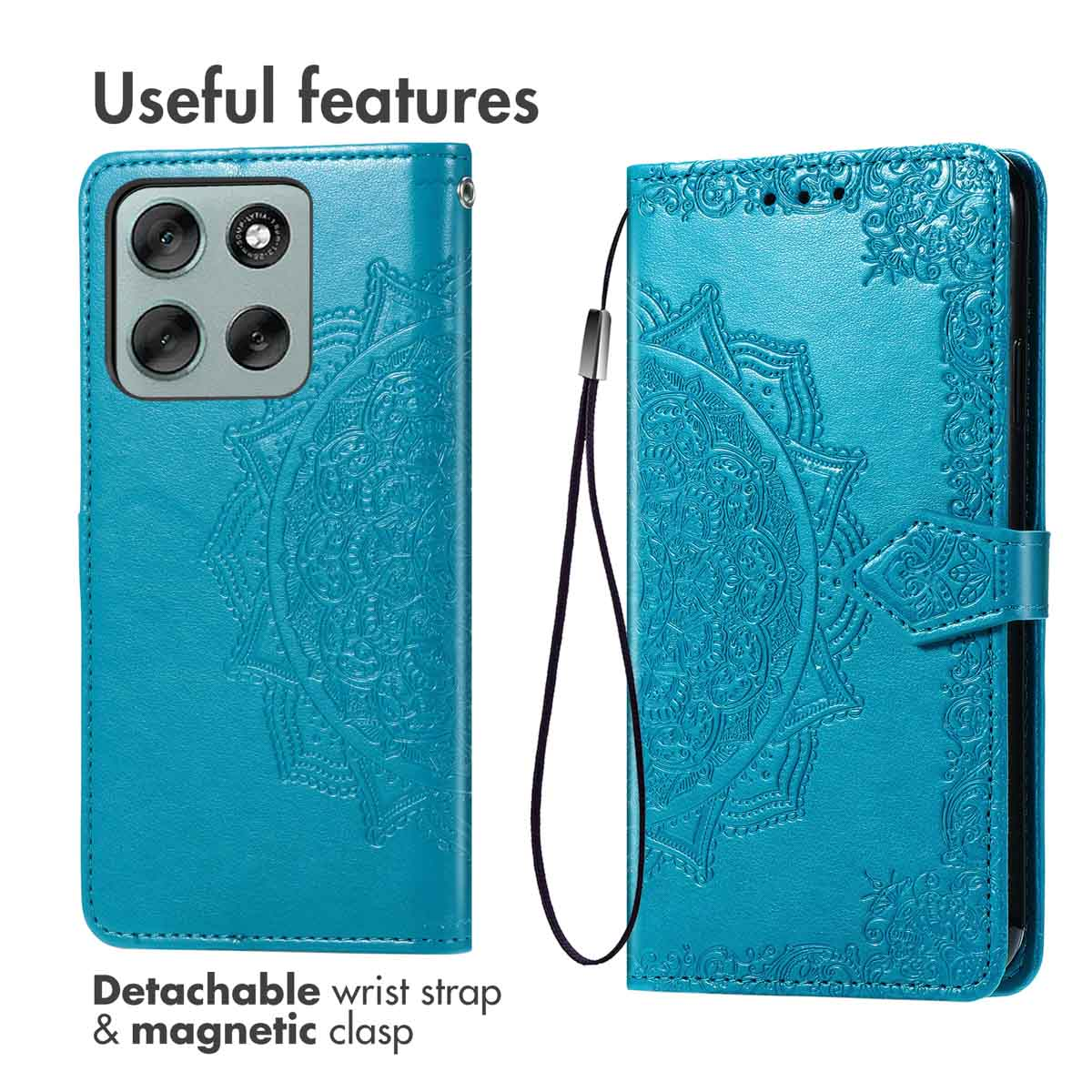 Custodia per telefono blu con rilievo mandala, cinturino da polso e chiusura magnetica.