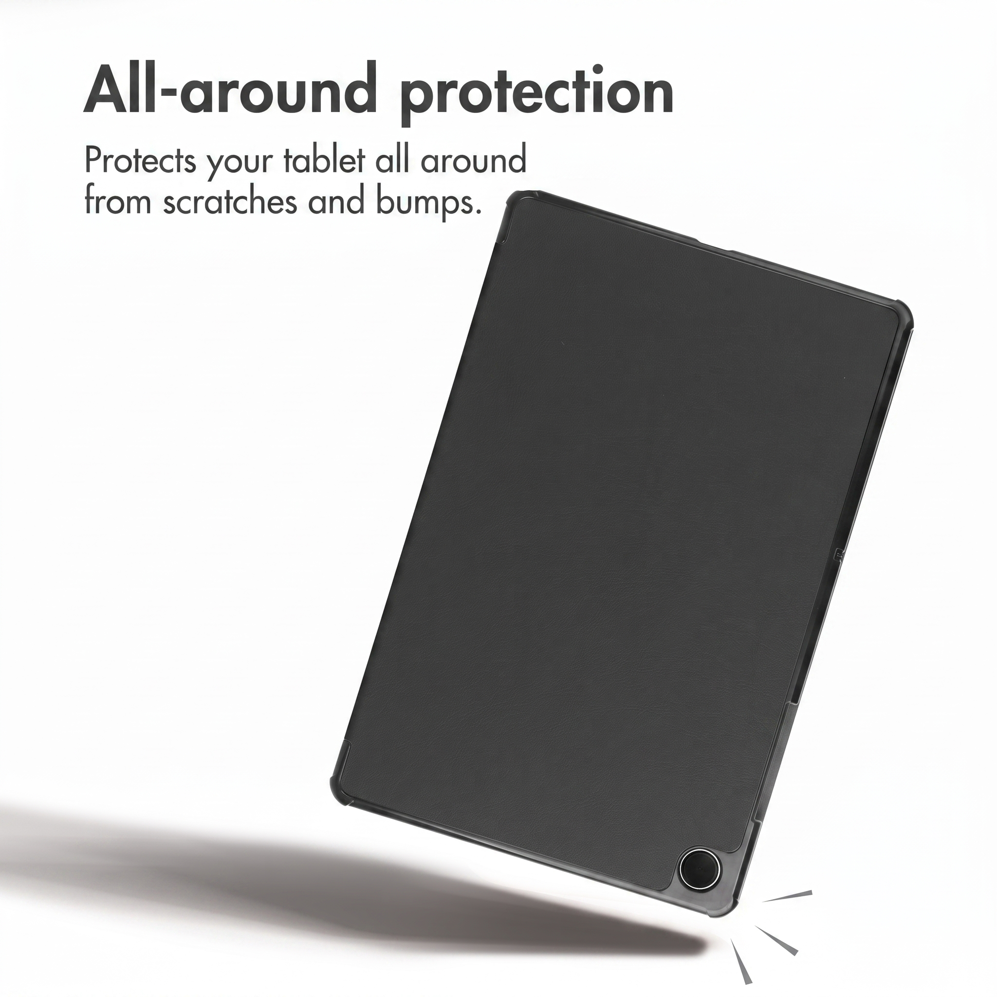 Een zwarte tablet in een beschermhoes zweeft voor een witte achtergrond met tekst.