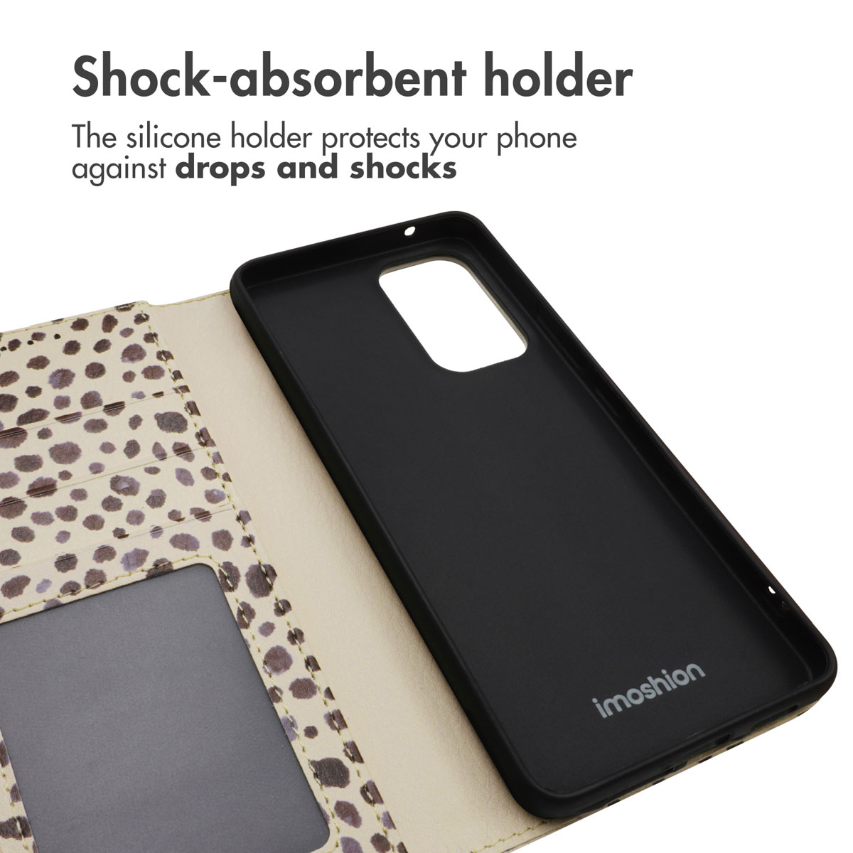 Ein offenes Handy-Schutzetui mit Leopardenmuster, Kartenfächern und einer schwarzen Silikon-Halterung.