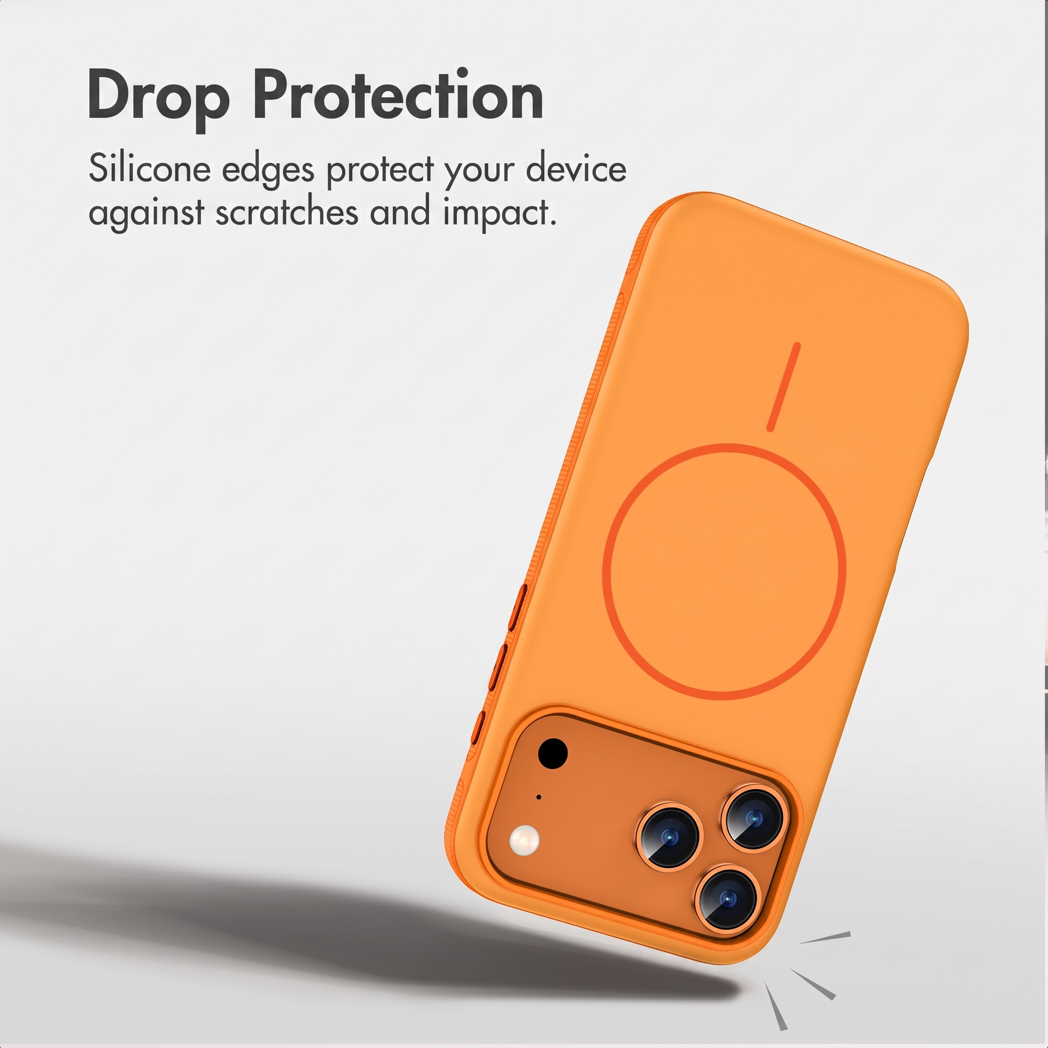 Custodia protettiva per telefono arancione con ritaglio fotocamera e testo di protezione.