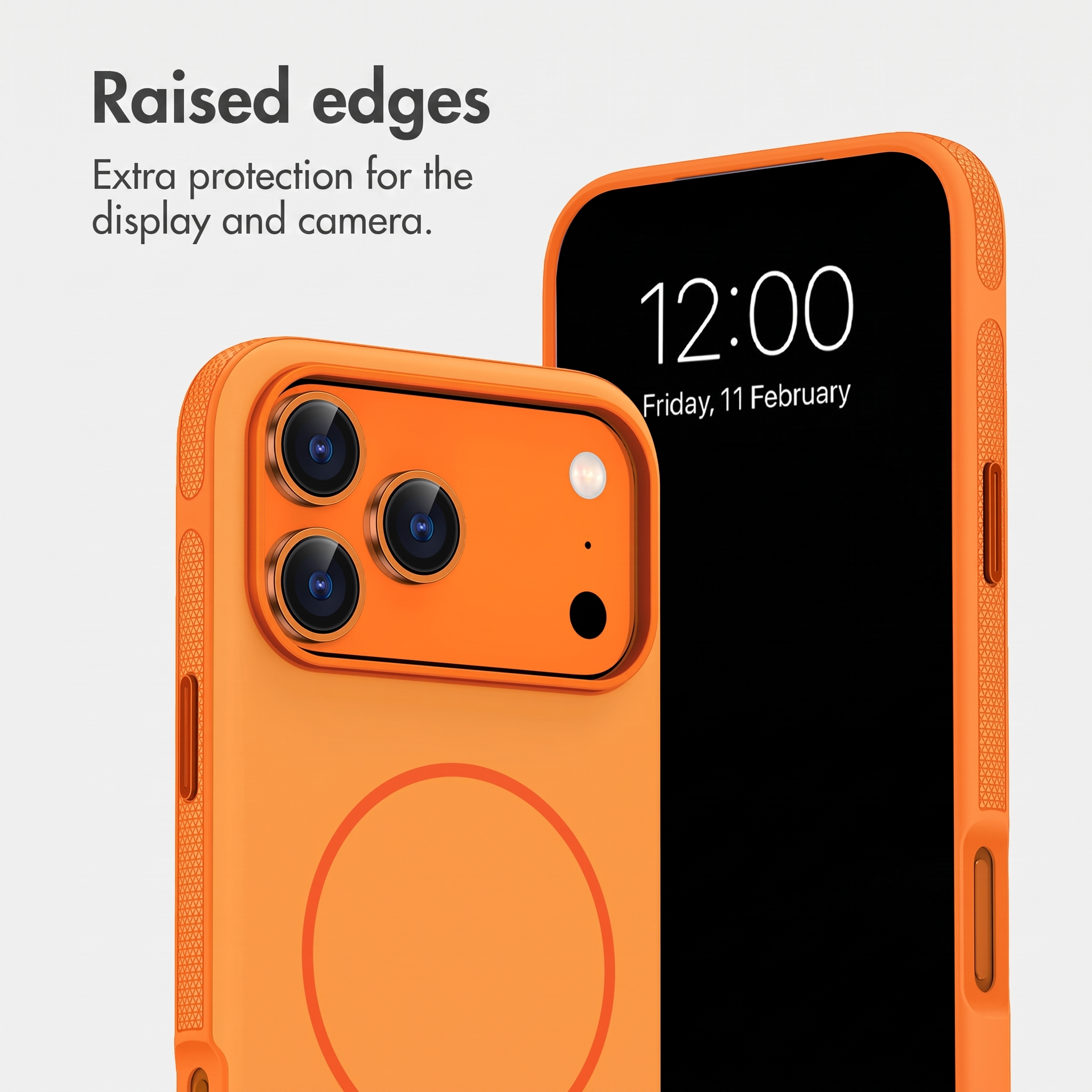 Due cover arancioni per smartphone con bordi rialzati per proteggere schermo e fotocamera.