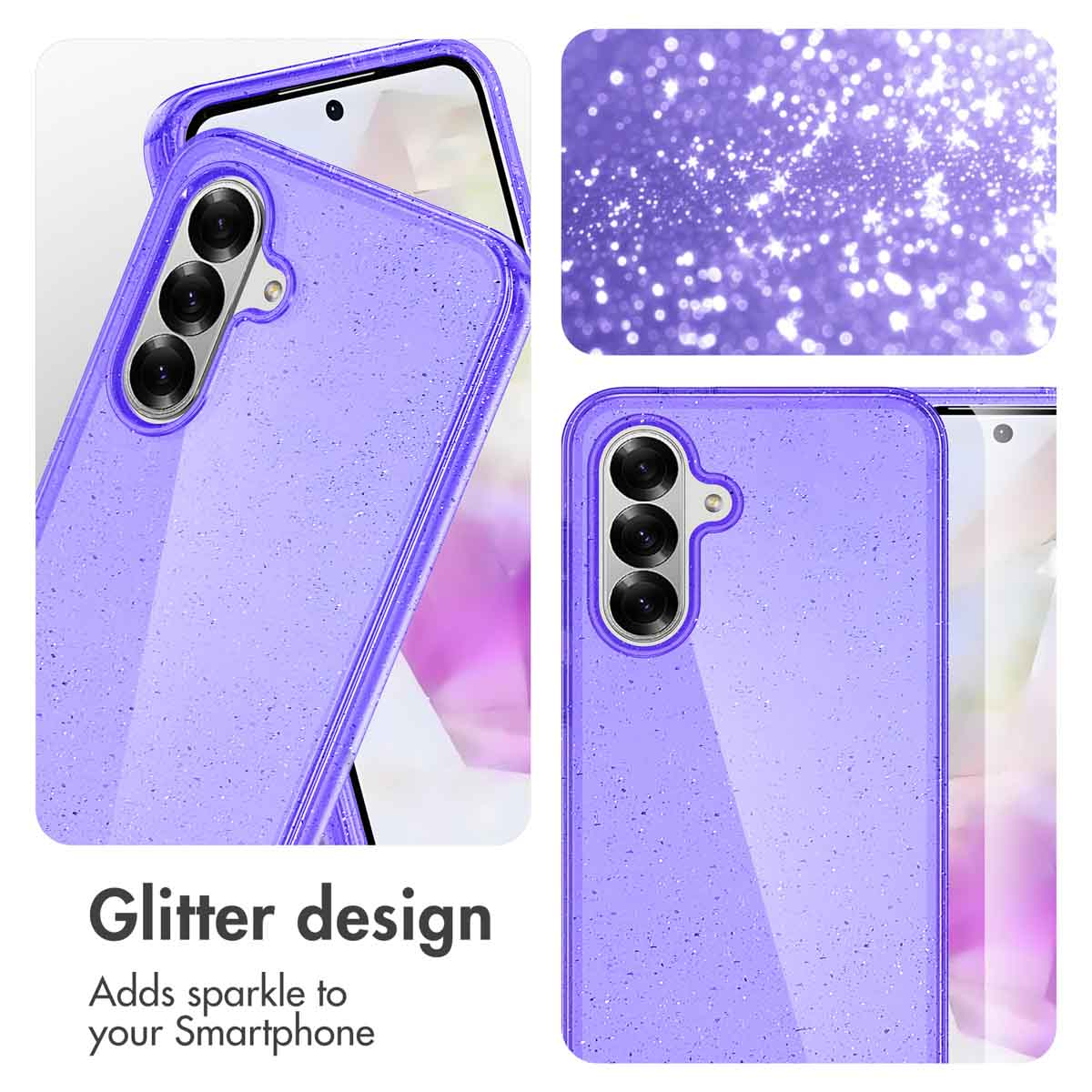 Funda de smartphone con purpurina morada y tres aberturas para la cámara.