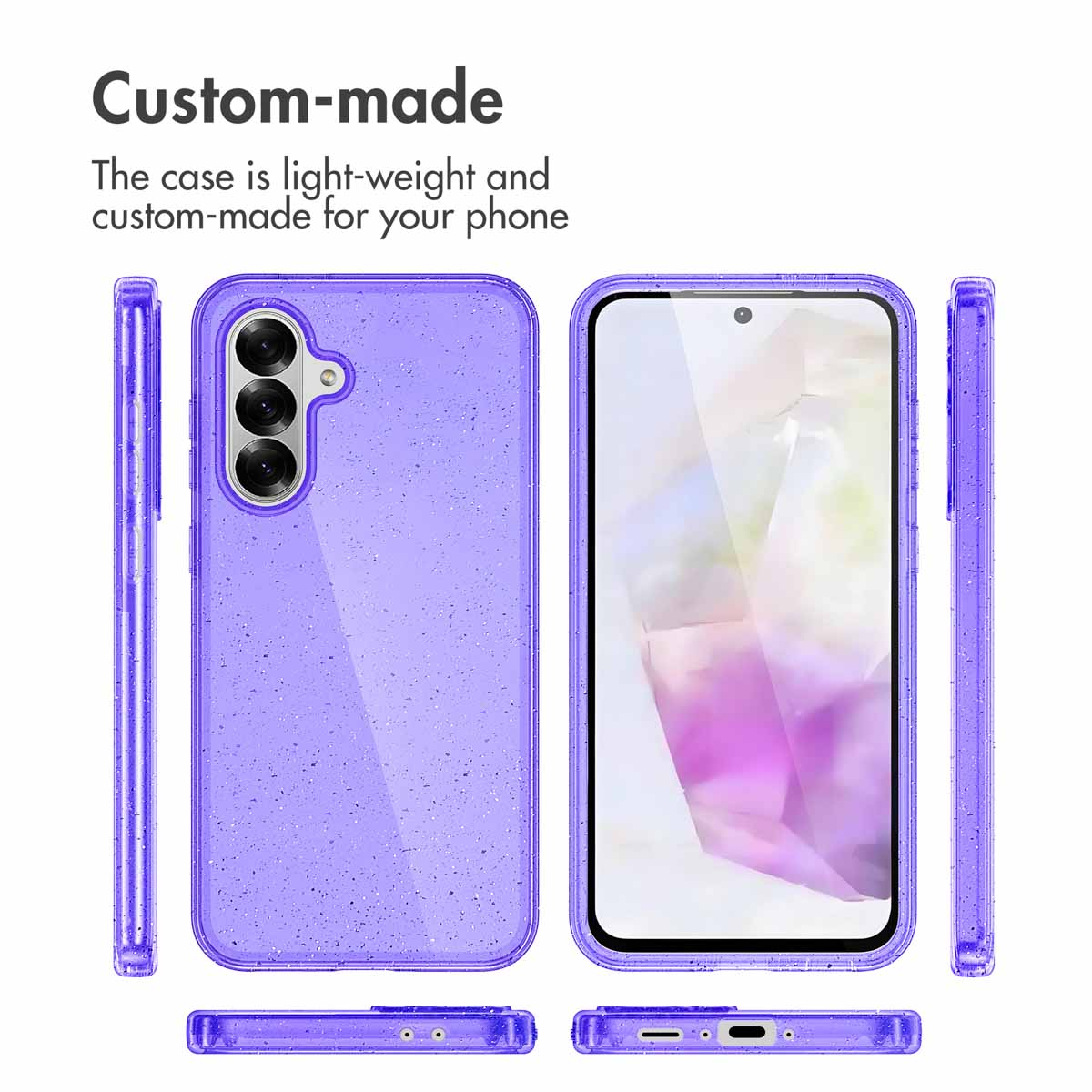 Funda protectora morada con ligeros brillos para un smartphone vista desde todos los ángulos.