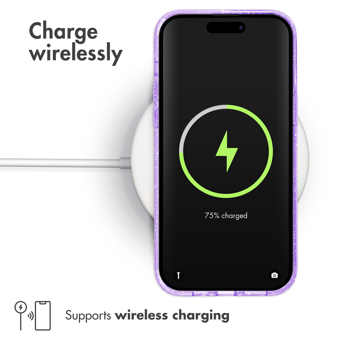 Un teléfono con funda morada sobre un cargador inalámbrico blanco redondo muestra 75% de batería.