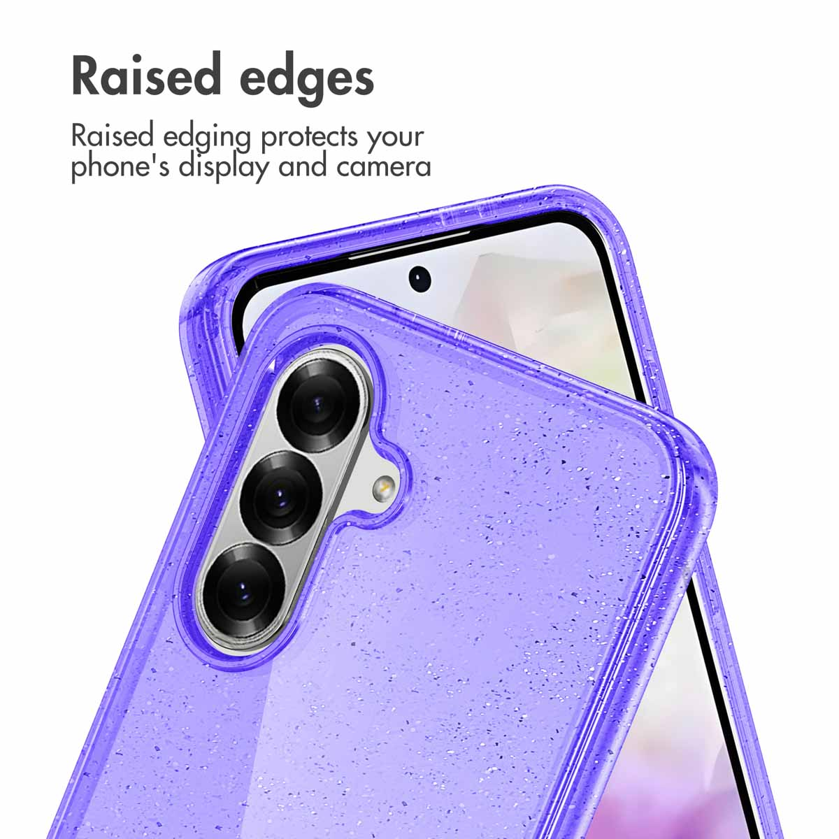 Funda de teléfono morada con purpurina y bordes elevados.