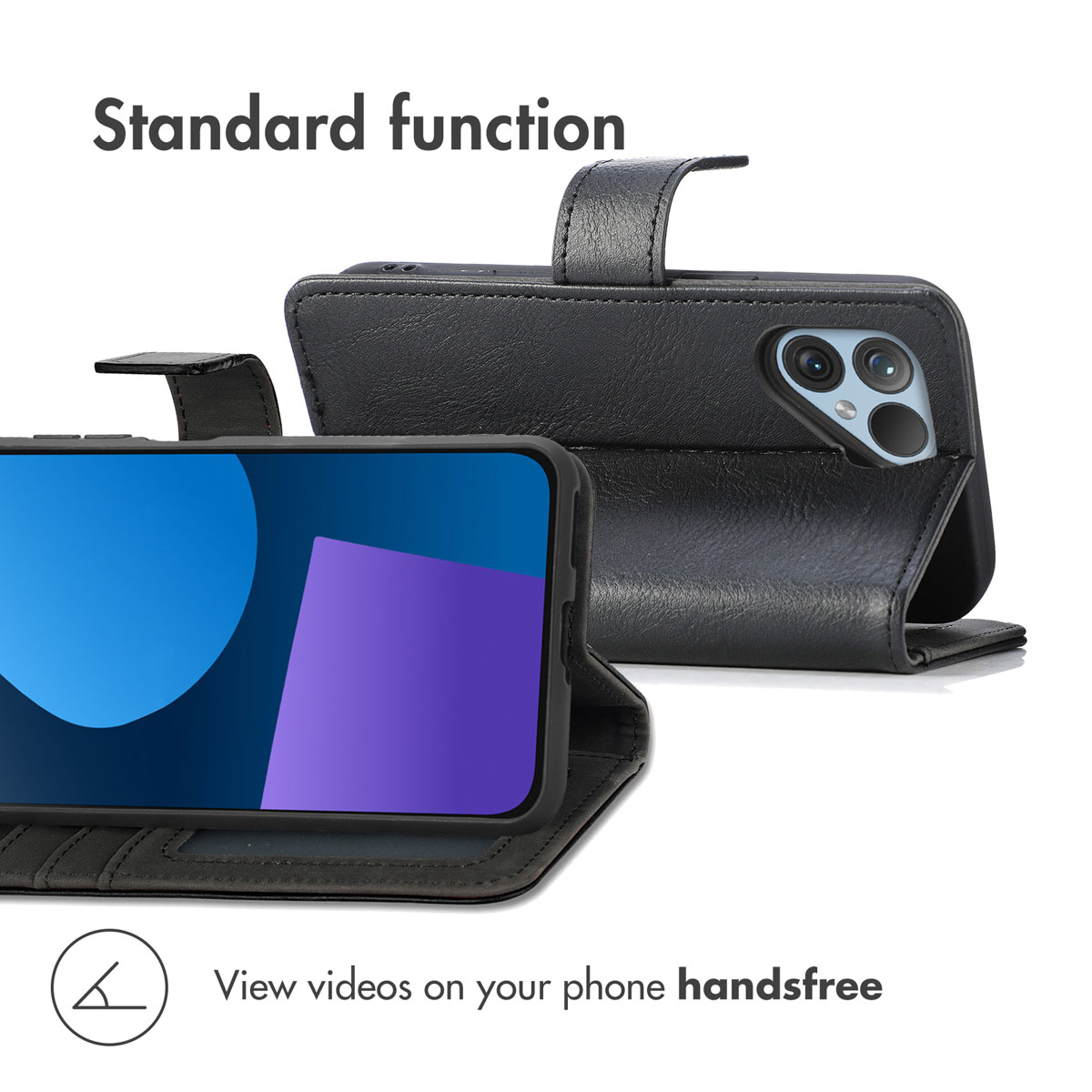 Custodia per telefono in pelle nera che mostra schermo e fotocamera, funge da supporto.