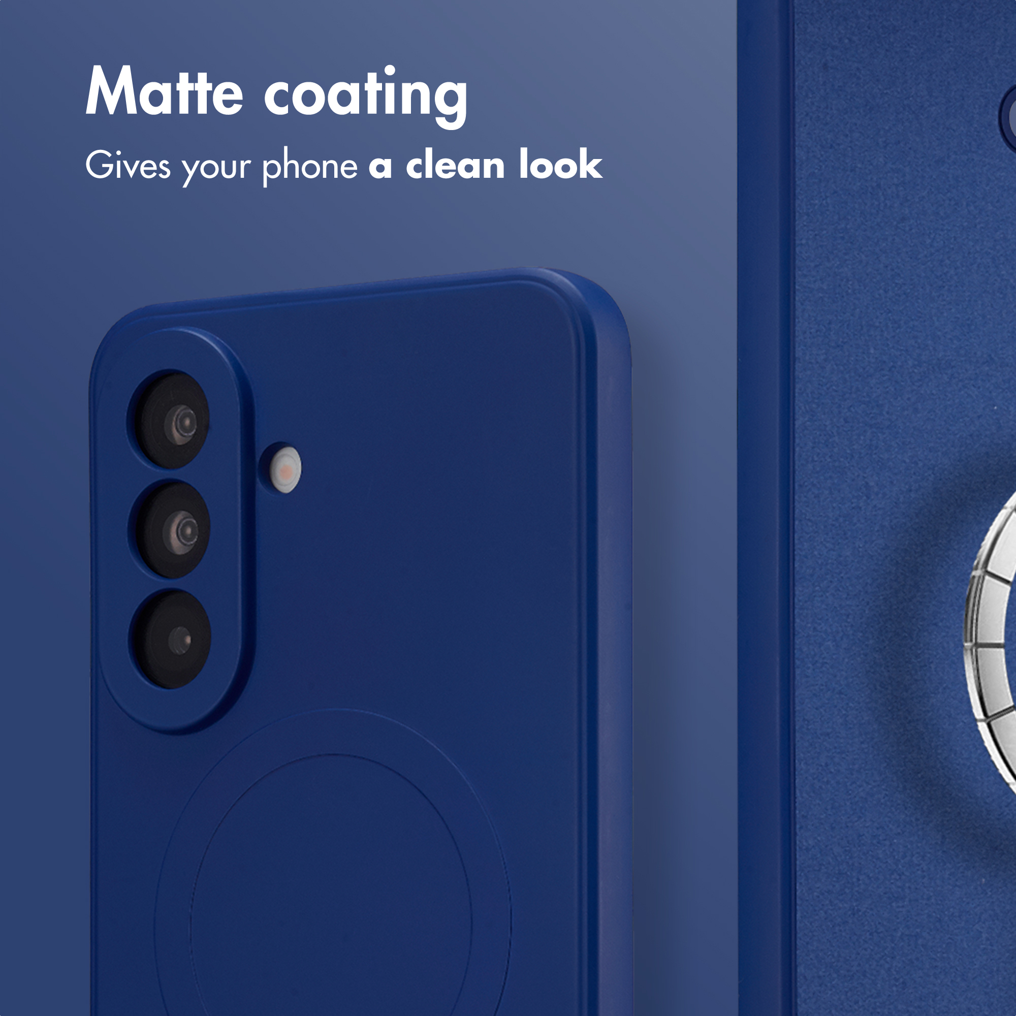 Custodia blu opaca per telefono con tre fori per fotocamera e testo sullo sfondo.