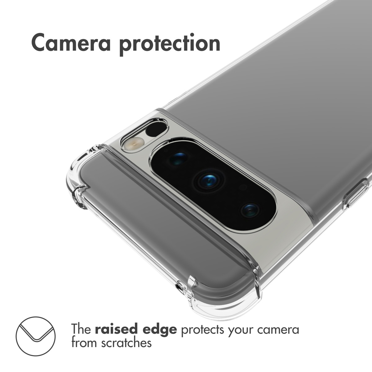 Custodia trasparente per telefono con bordo rialzato per proteggere la fotocamera.