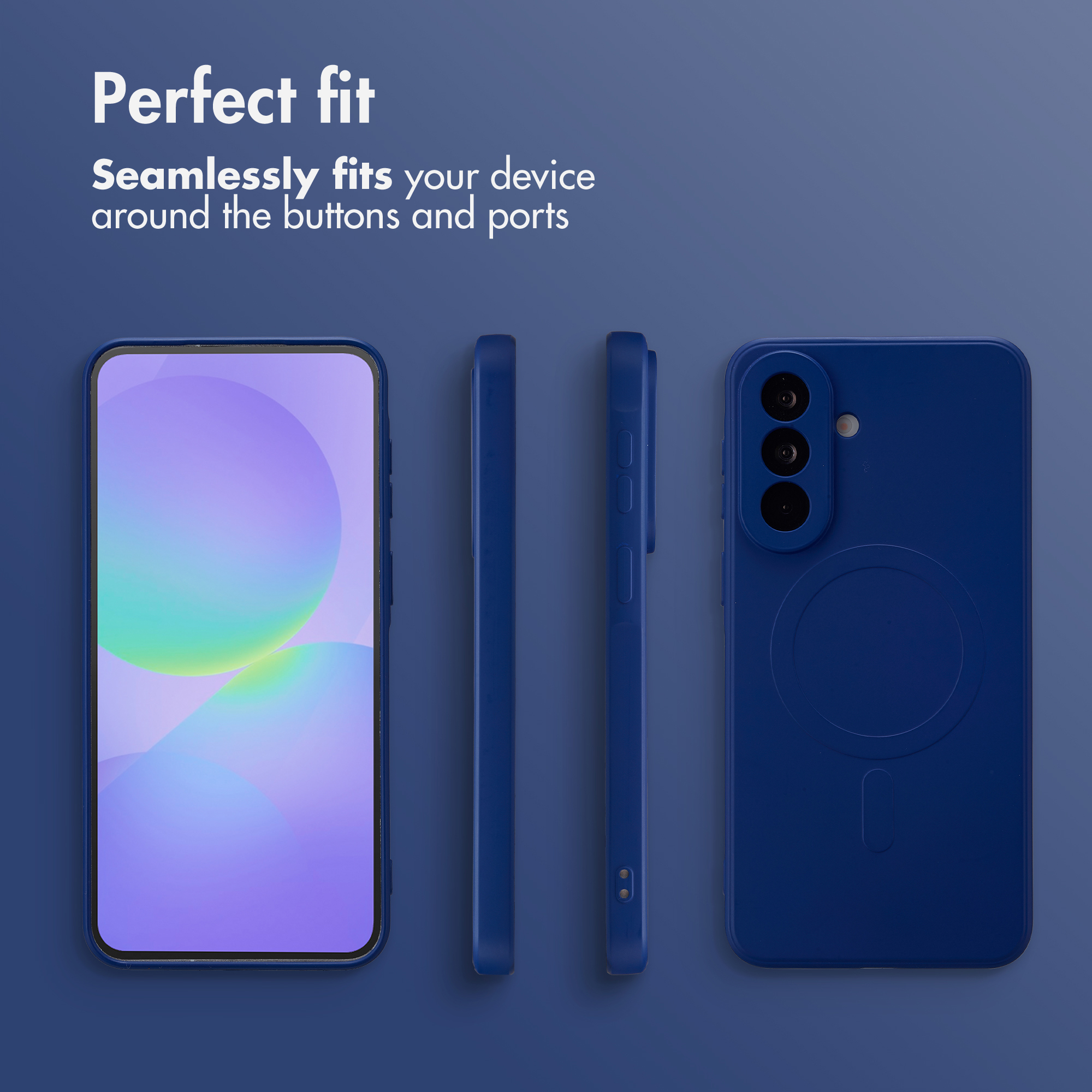 Uno smartphone blu mostrato frontalmente, di lato e sul retro su sfondo blu scuro.