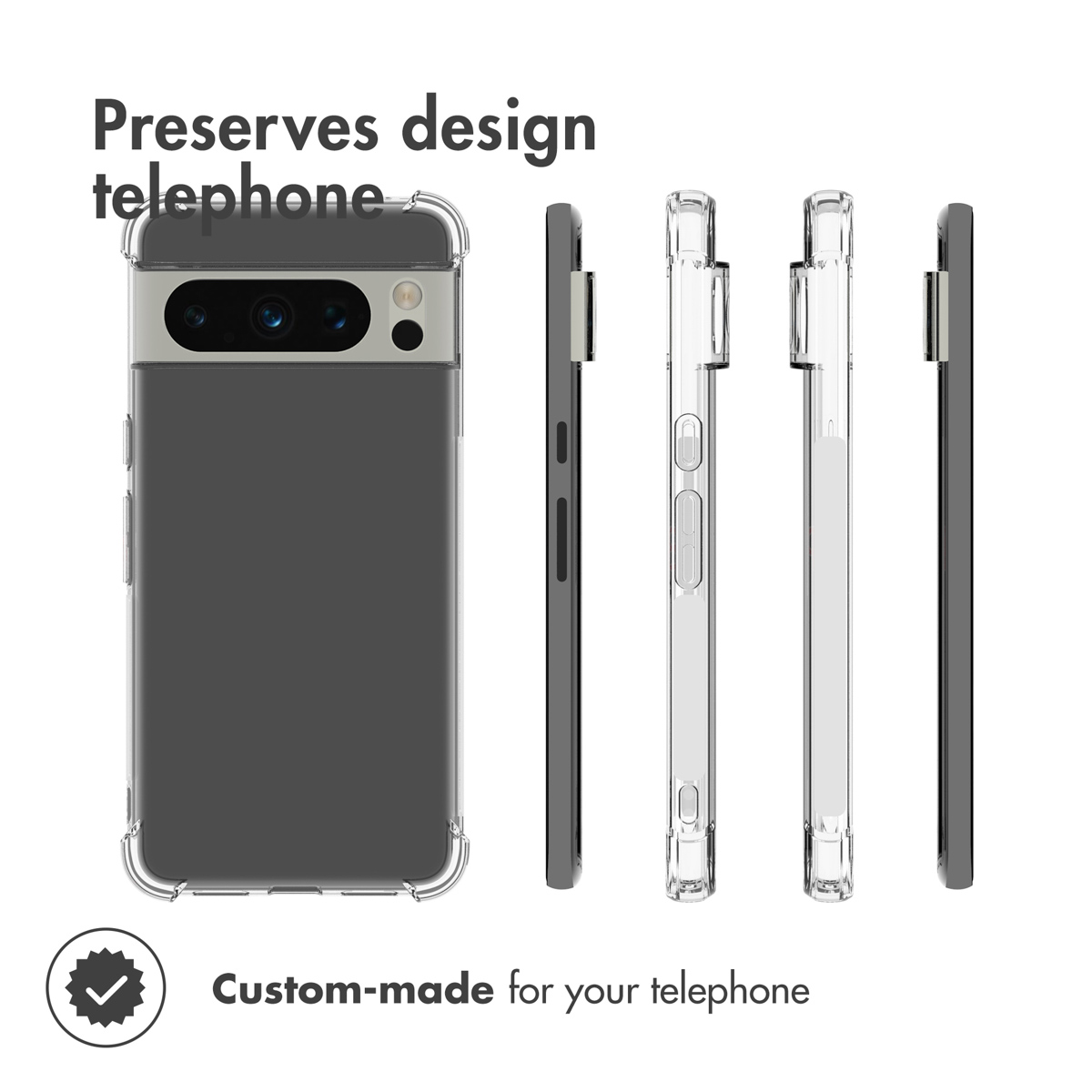 Custodia protettiva trasparente per smartphone mostrata da più angolazioni.