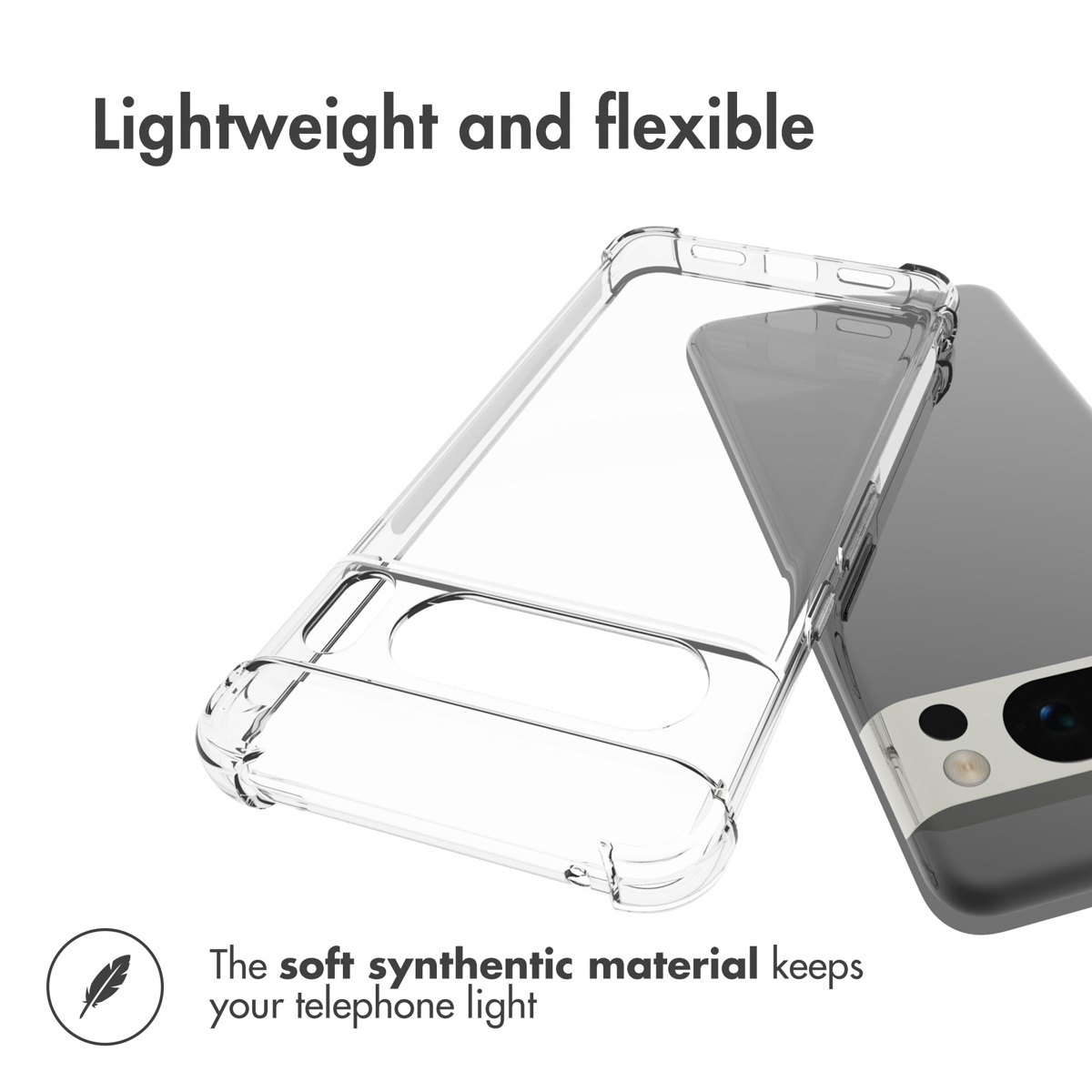 Una cover trasparente accanto a uno smartphone, con testo che indica che è leggera e flessibile.