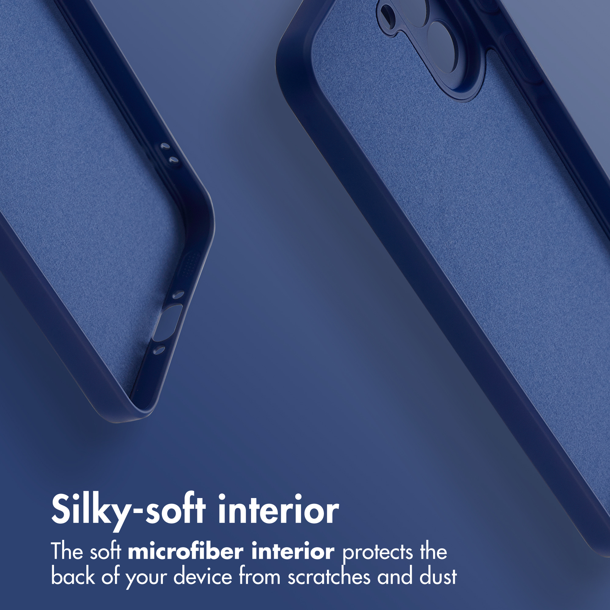Custodia per telefono blu con morbido interno in microfibra su sfondo blu.