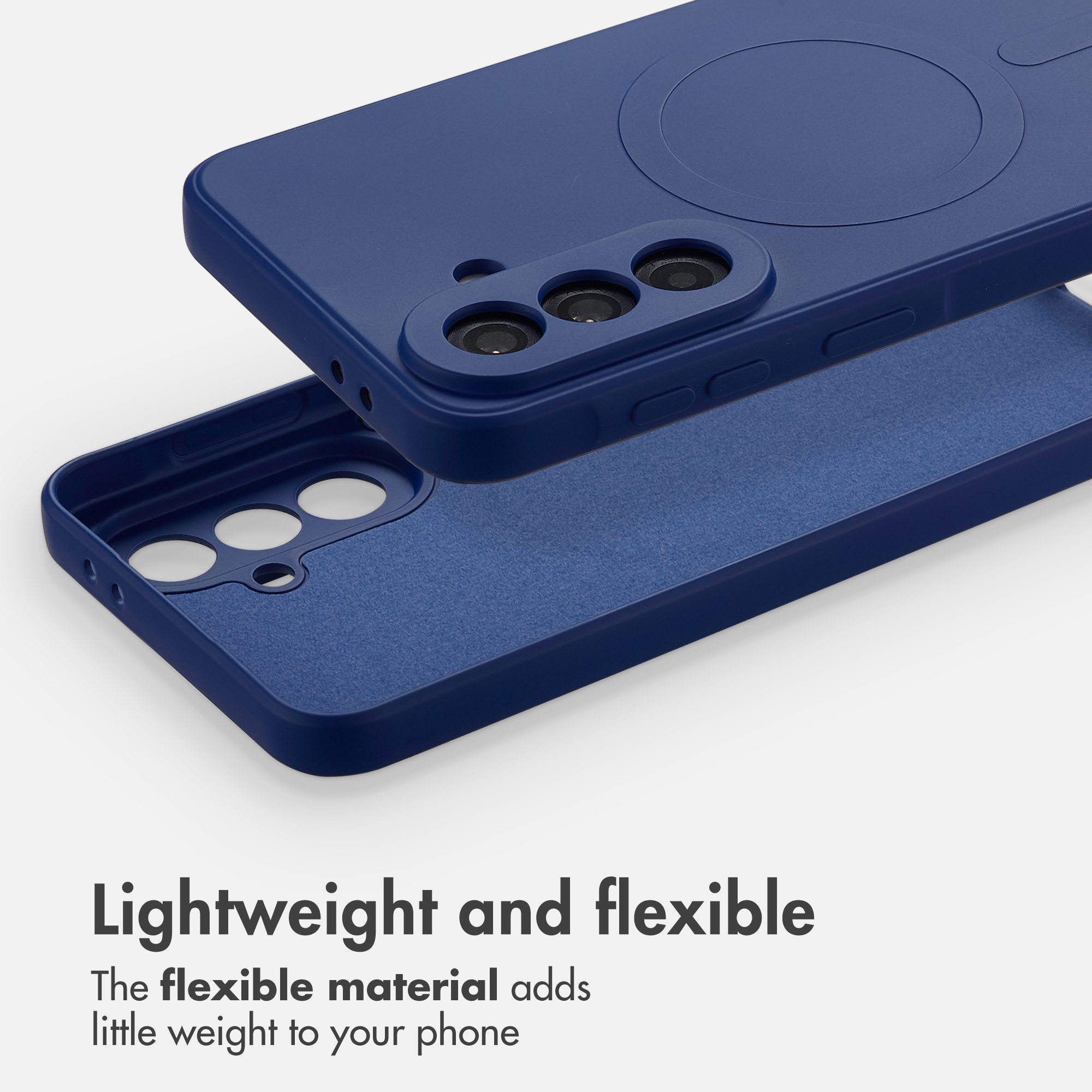 Custodia protettiva per telefono blu flessibile con anello magnetico su sfondo bianco.