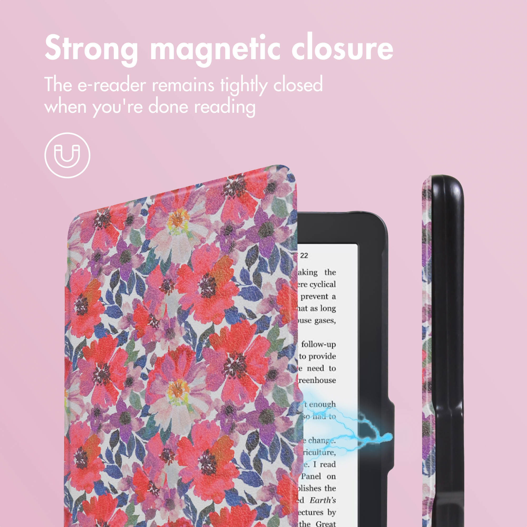E-reader in bloemhoesje met tekst over magnetische sluiting op roze achtergrond.