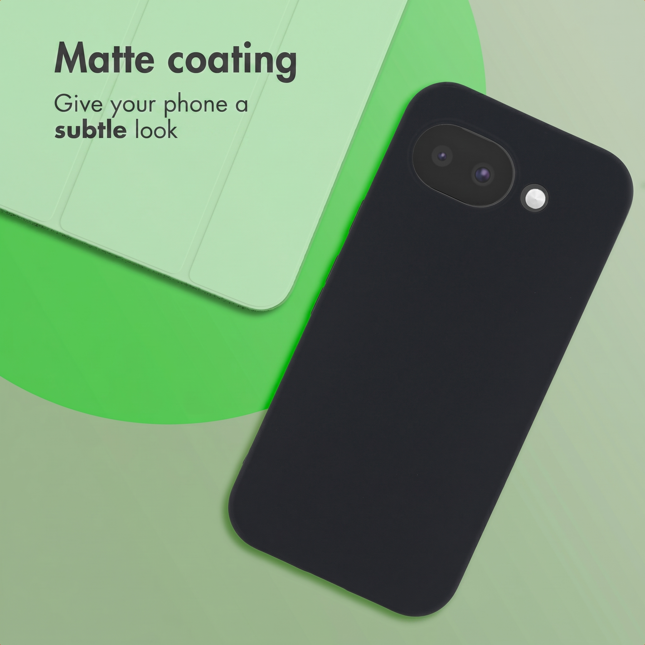 Black matte phone case on a green background with accompanying text.