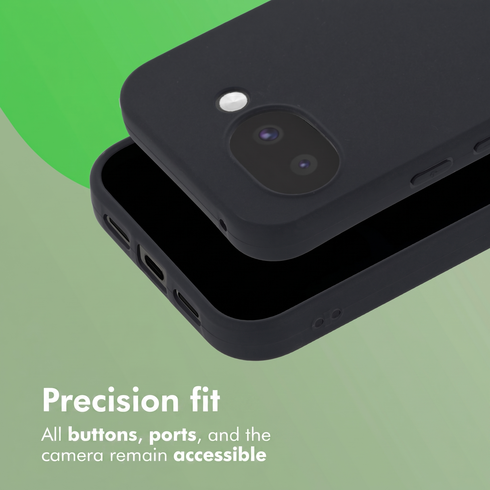 Black smartphone case on a green background with text about precision fit.