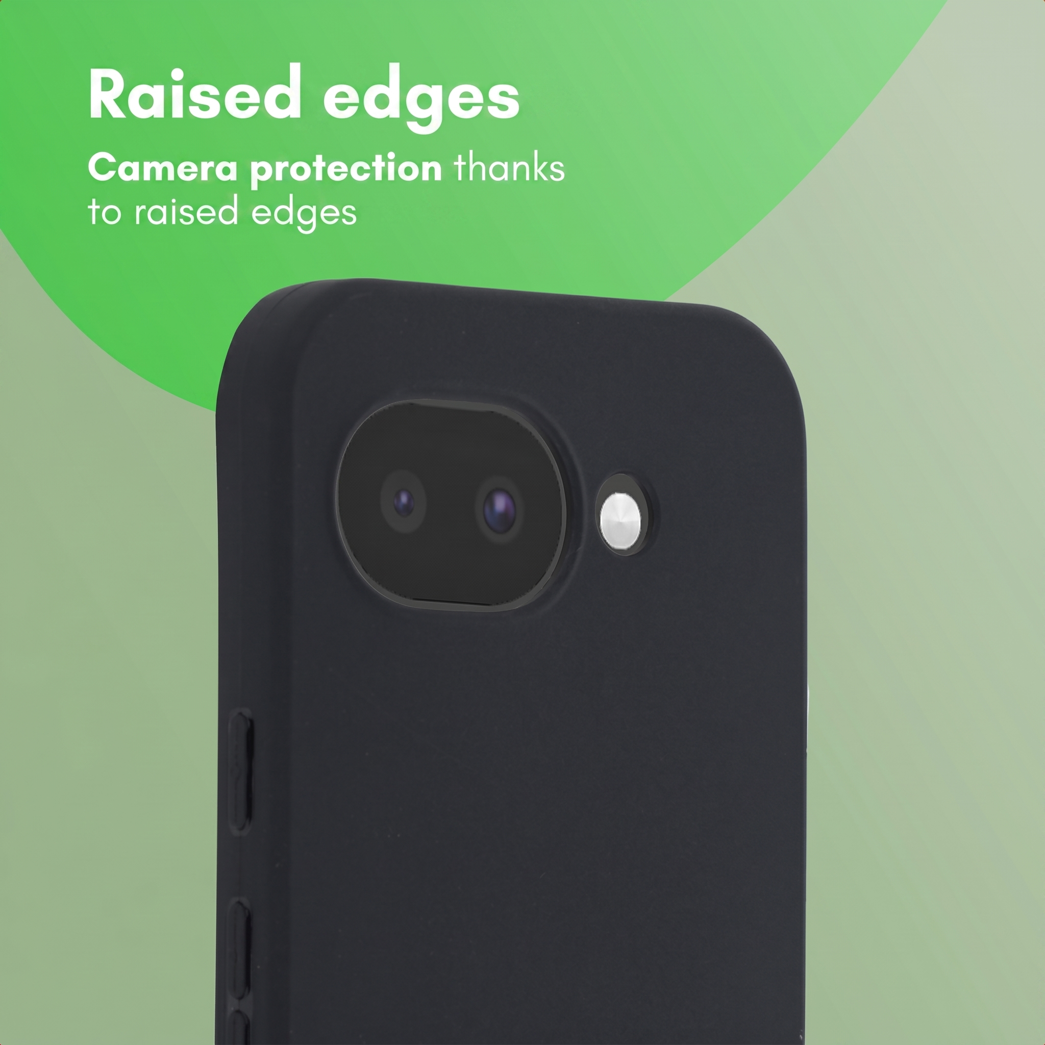 A black phone case highlights raised edges for camera protection on a green background with white text.