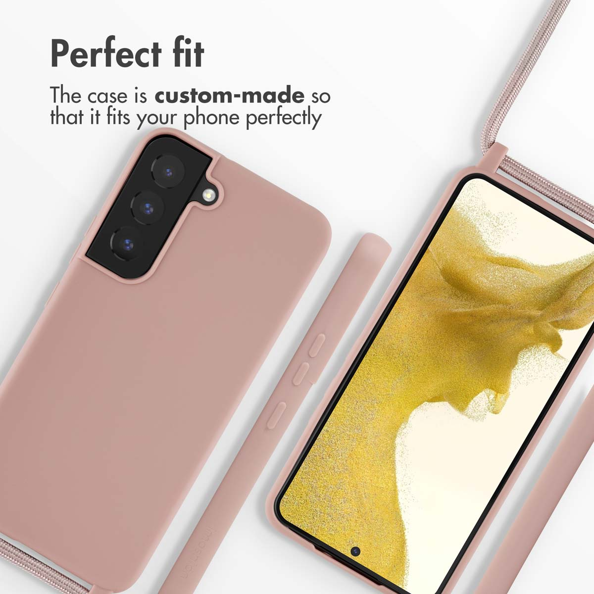 Una funda de smartphone rosa con correa y el texto Perfect fit.