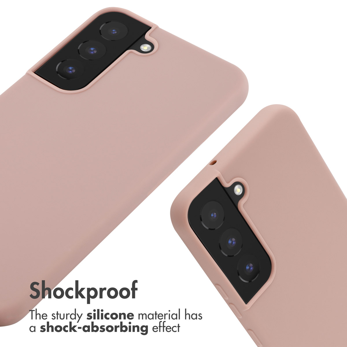Dos teléfonos rosados en fundas protectoras con triple cámara. Texto Shockproof.