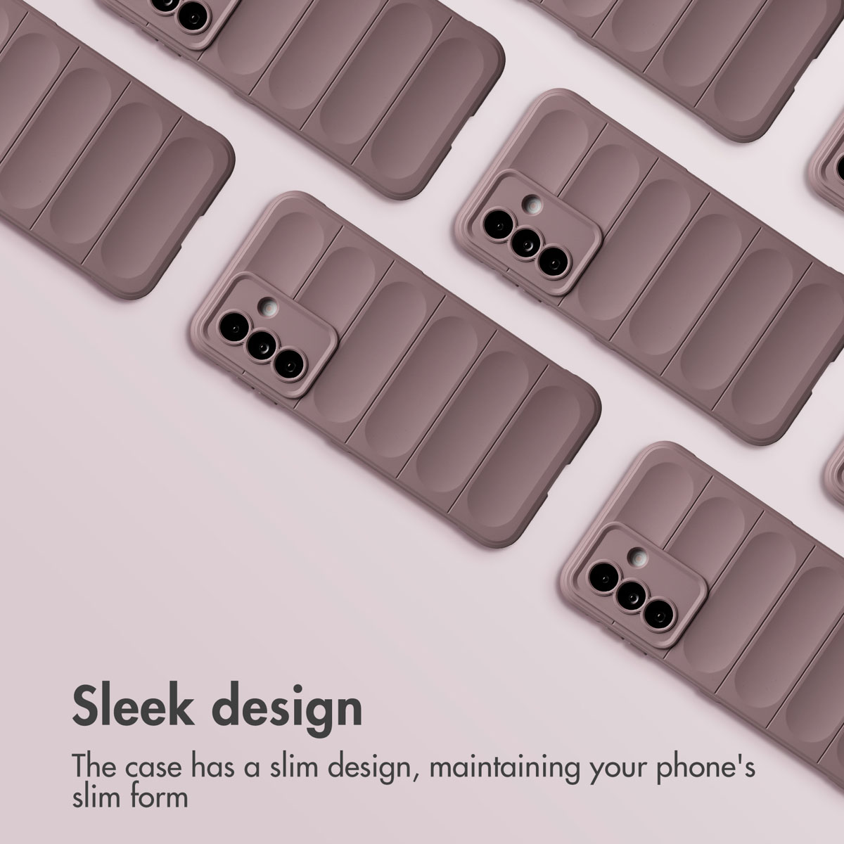 Diverse cover per cellulare color malva con design trapuntato disposte in diagonale.