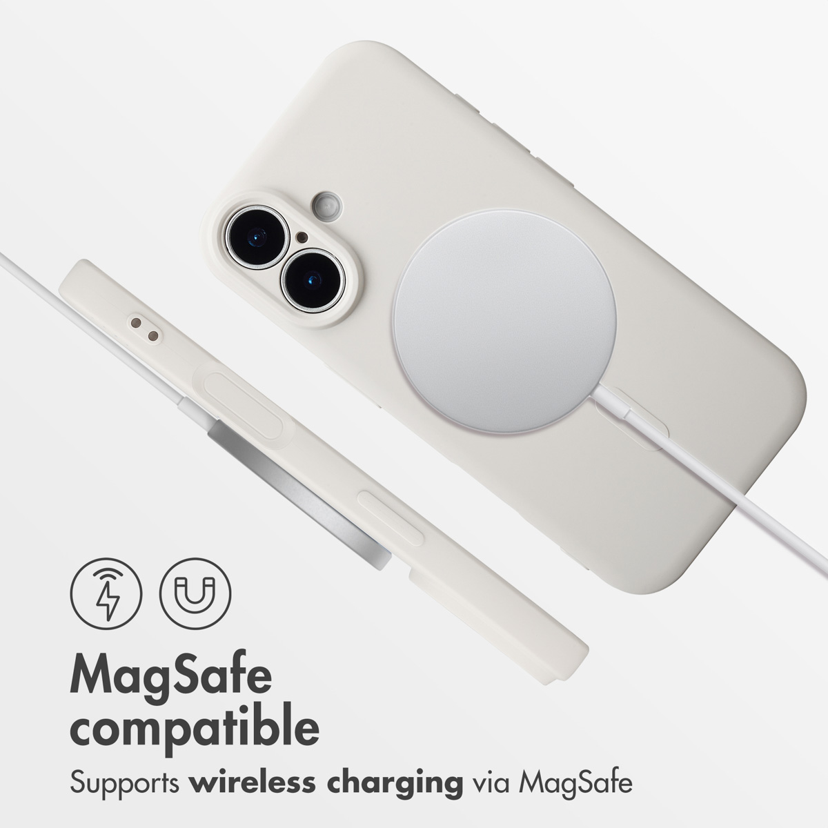 Custodia per telefono bianca compatibile MagSafe con doppia fotocamera e caricabatterie.