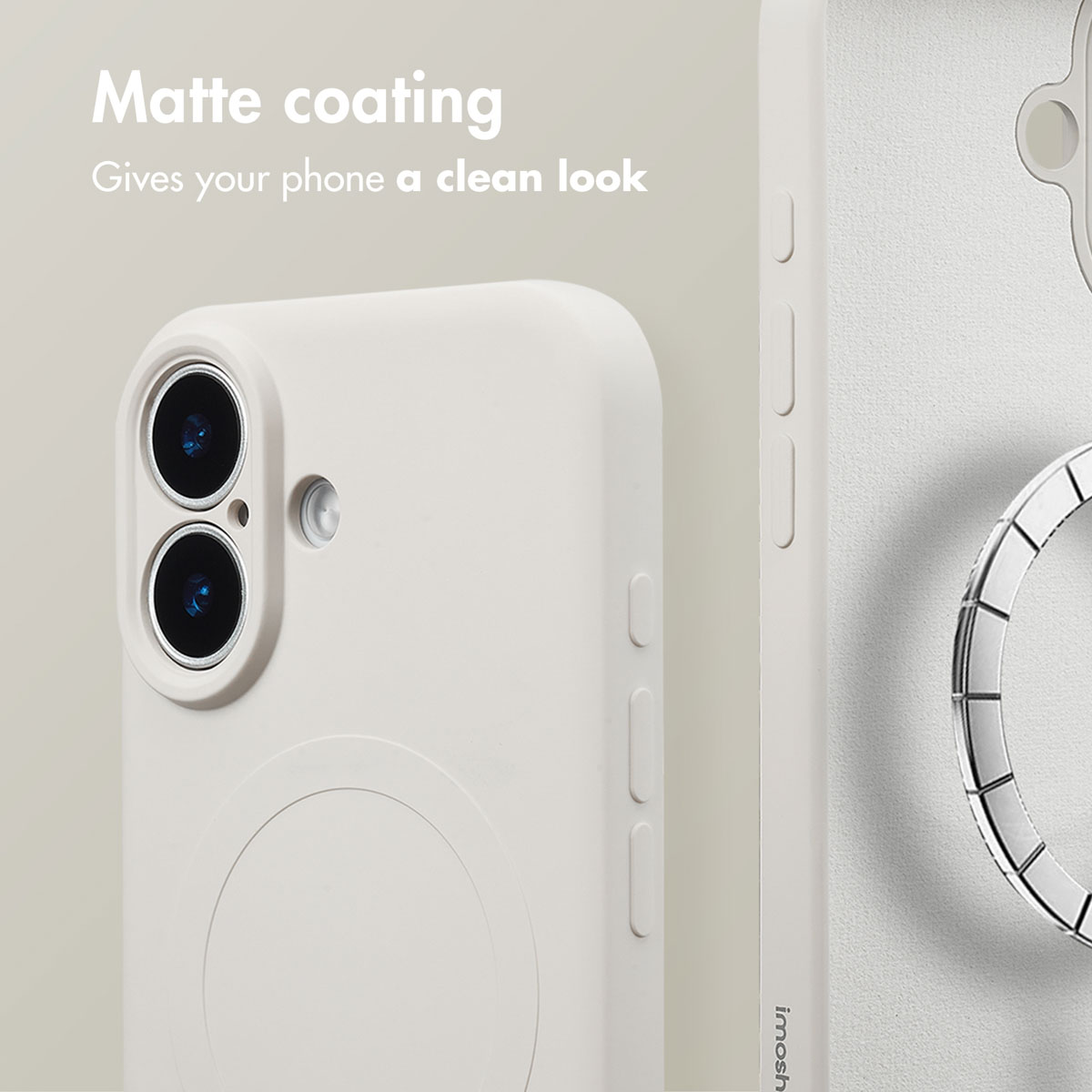 Una custodia per smartphone beige con finitura opaca, doppia fotocamera e anello magnetico.