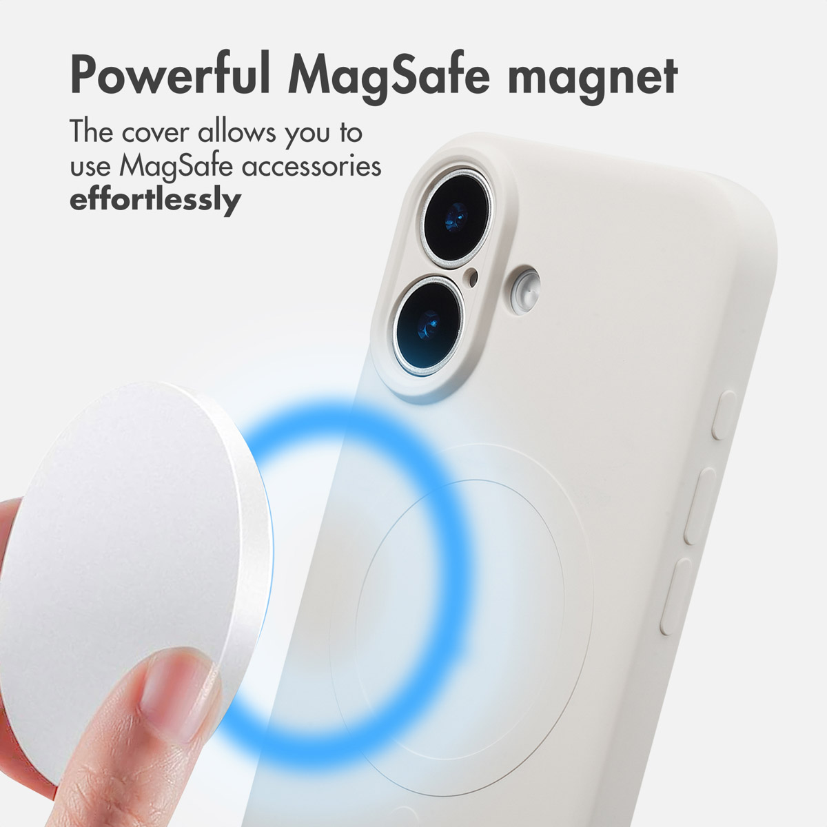 Un telefono bianco con custodia mostra un magnete MagSafe con effetto luce blu.