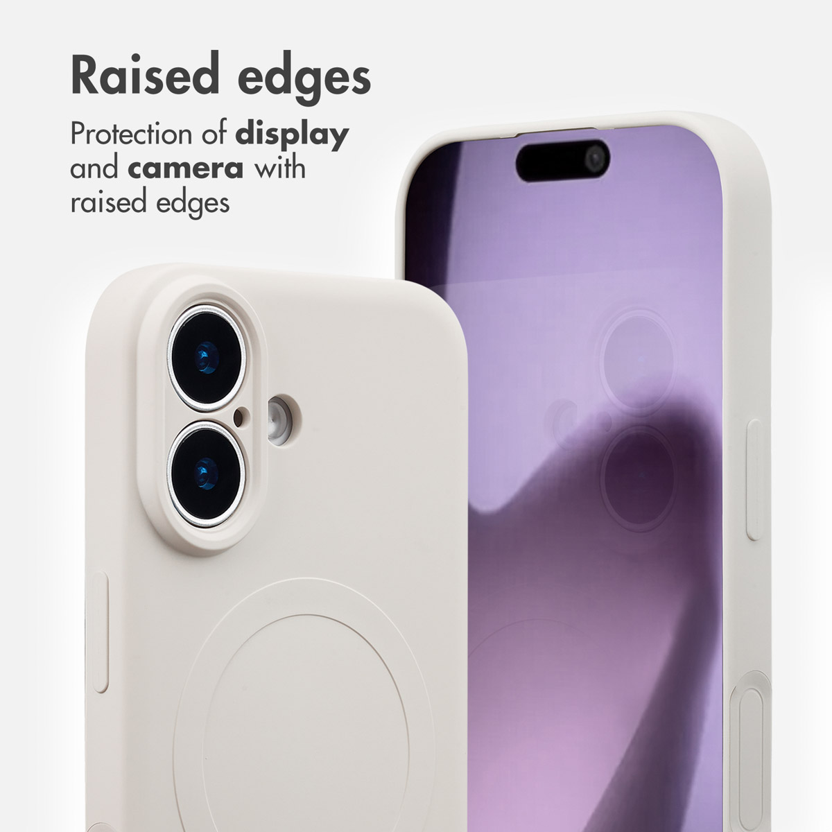 Custodia beige con bordi rialzati per proteggere display e fotocamera.