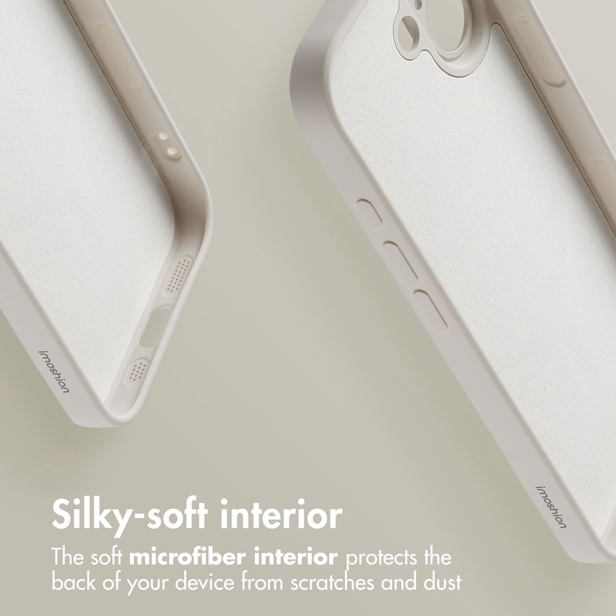 Custodia per telefono beige con morbido interno in microfibra anti-graffio.
