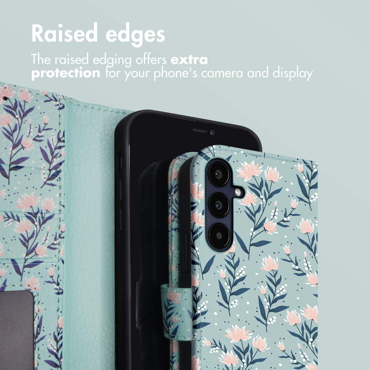 Fundas de teléfono con patrón floral en azul pastel, rosa y azul oscuro que ofrece protección.