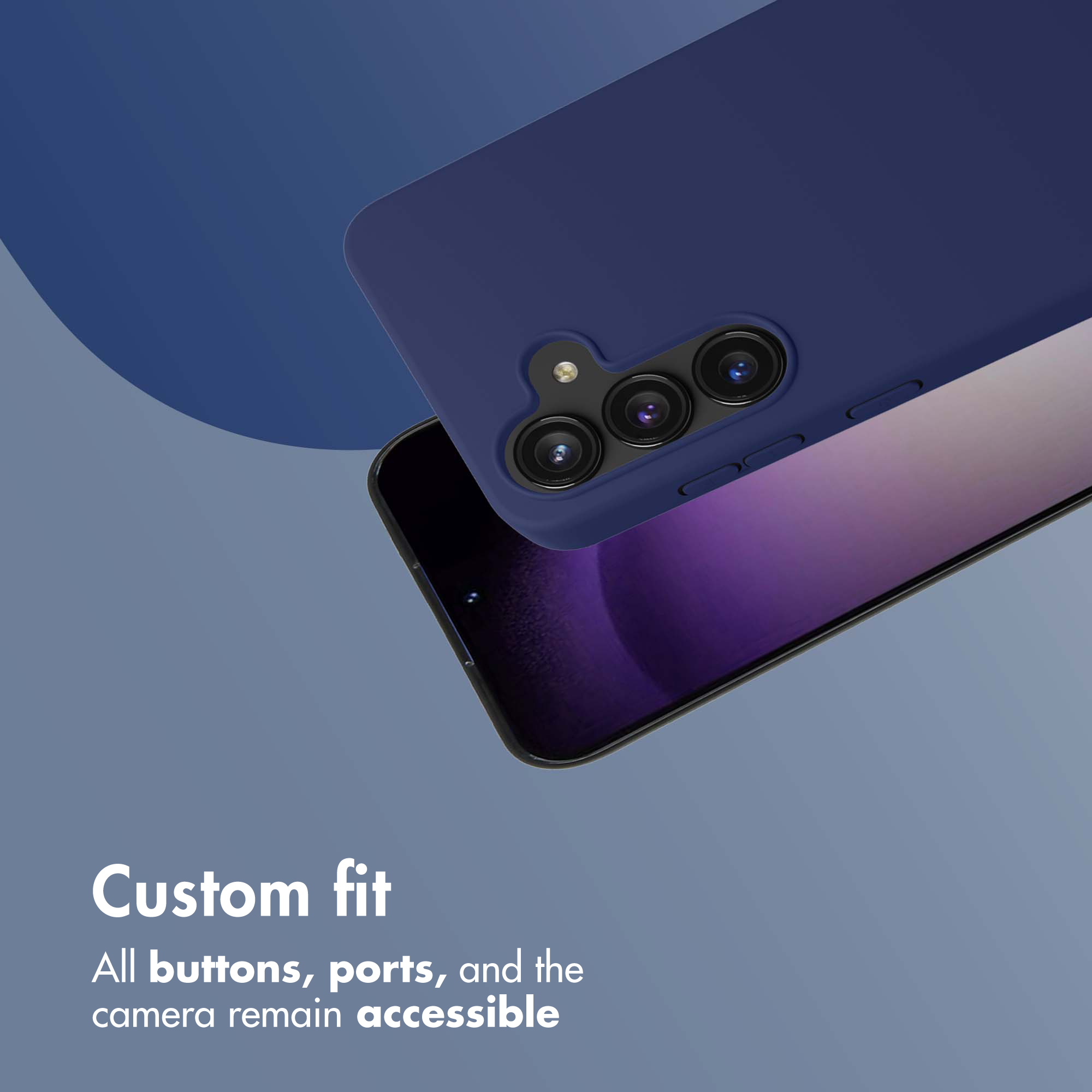 Un smartphone con funda azul sobre fondo azul y texto sobre ajuste personalizado y botones accesibles.