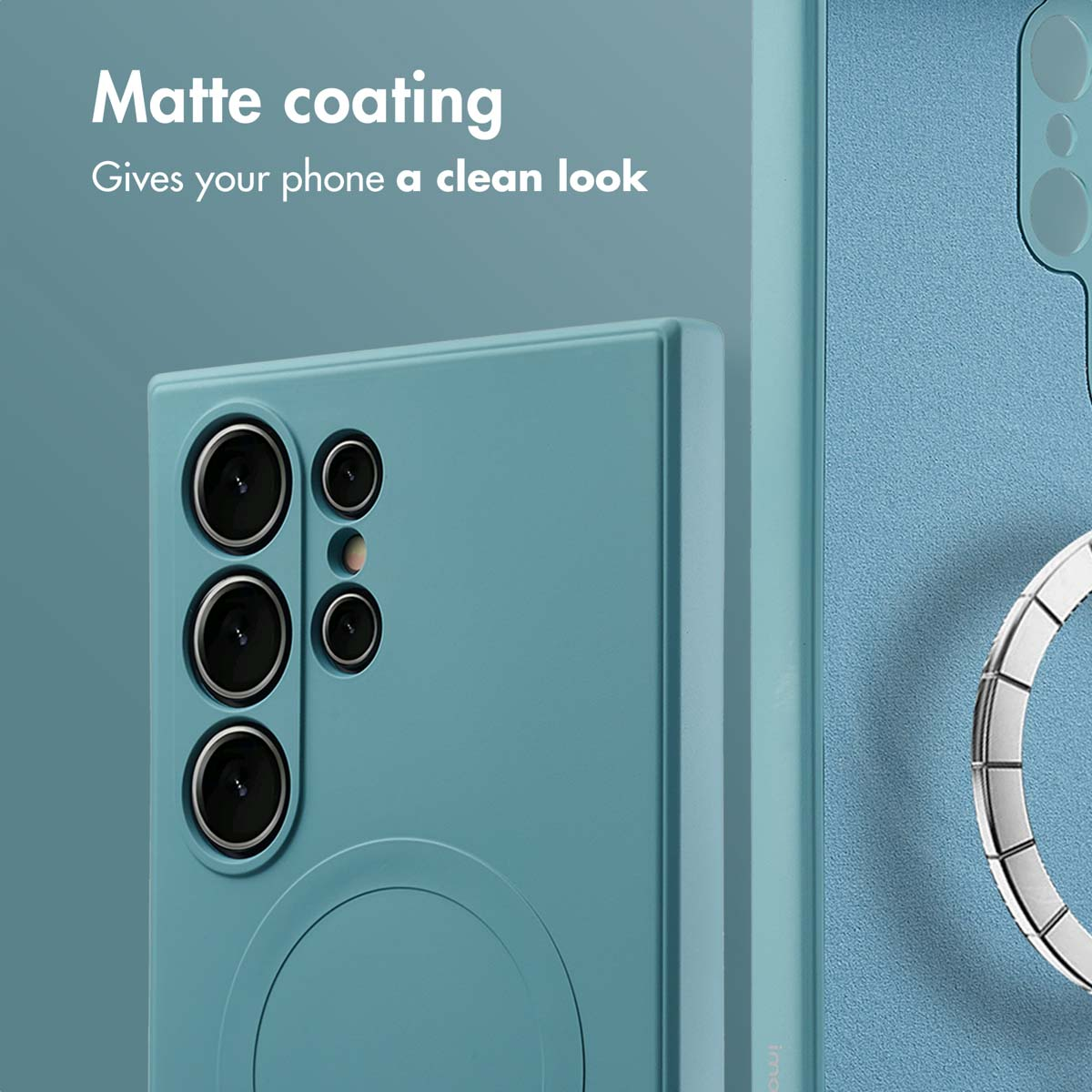 Une coque de téléphone bleue avec un revêtement mat, plusieurs objectifs de caméra et du texte promotionnel.
