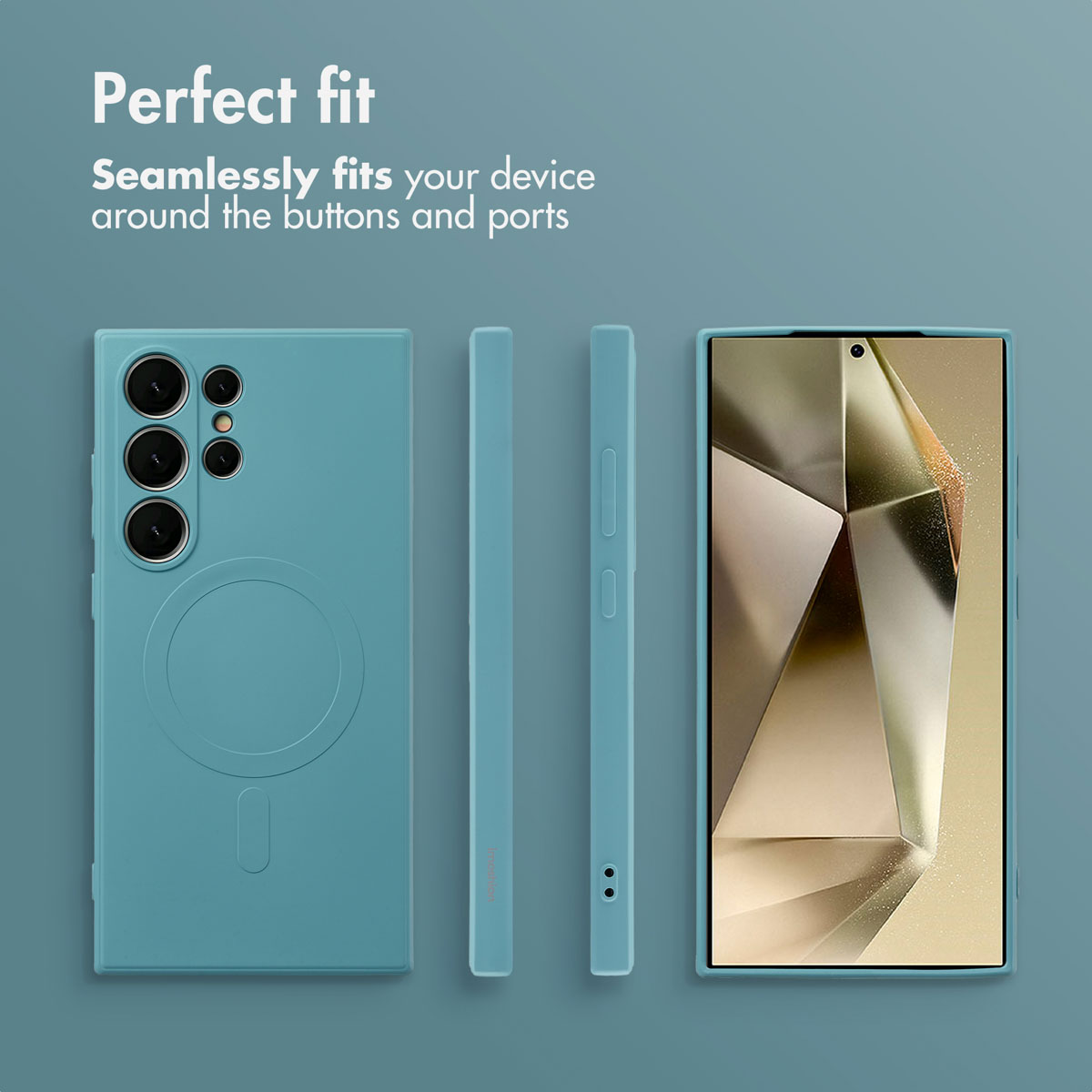 Coque de smartphone bleue sous plusieurs angles avec texte Ajustement parfait sur fond gris.