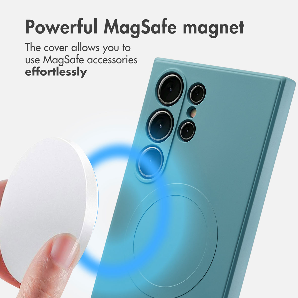 Coque de téléphone bleue avec anneau magnétique MagSafe et disque magnétique rond blanc.