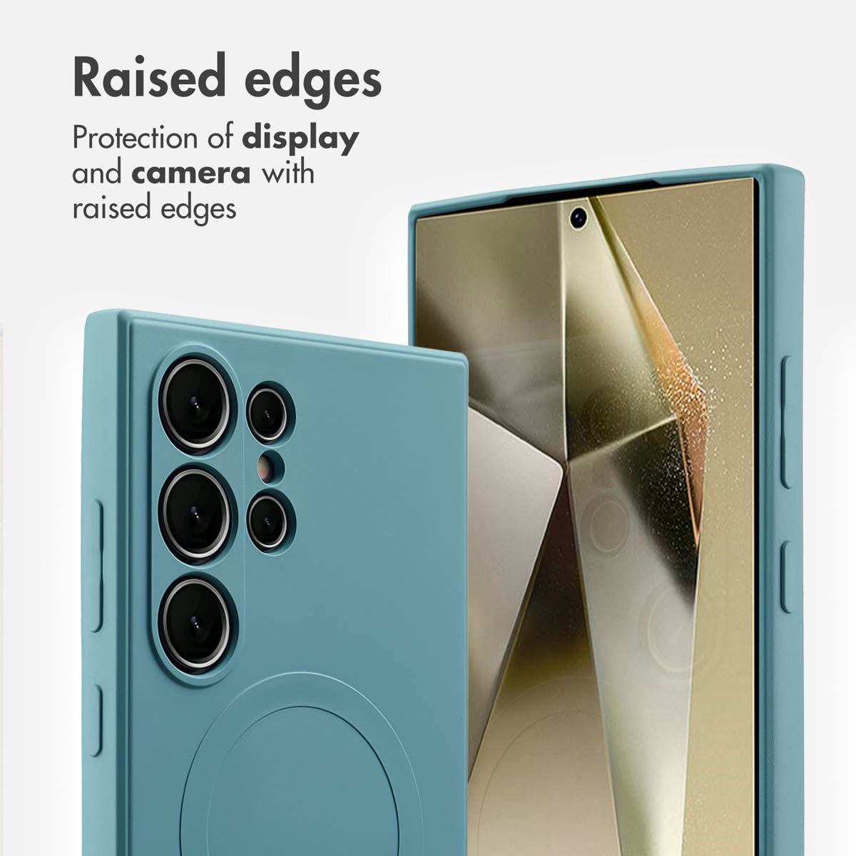 Coque de smartphone bleue avec bords surélevés pour protéger l'écran et l'appareil photo sur fond blanc.