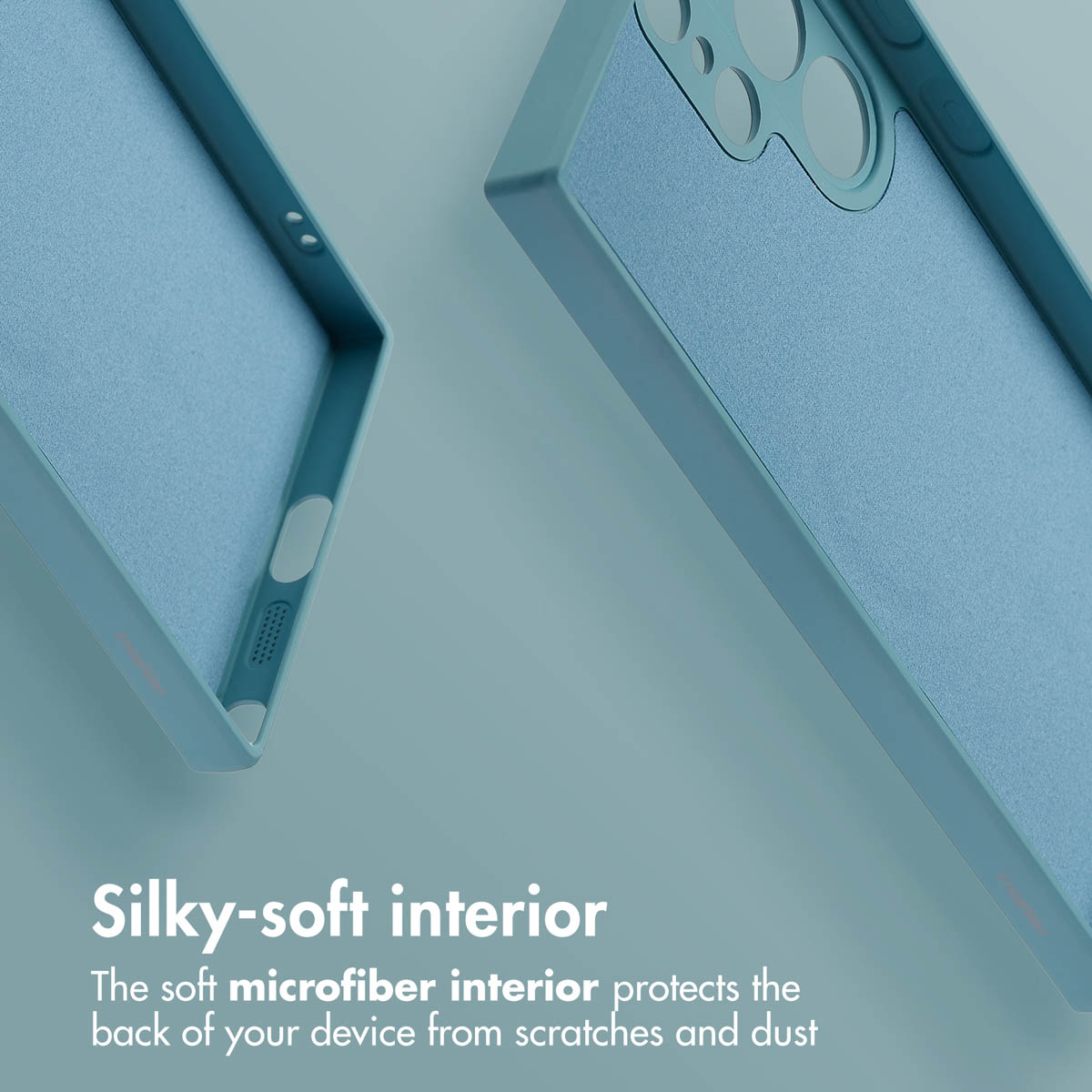 Coque de téléphone bleue avec intérieur en microfibre douce sur fond bleu et texte.