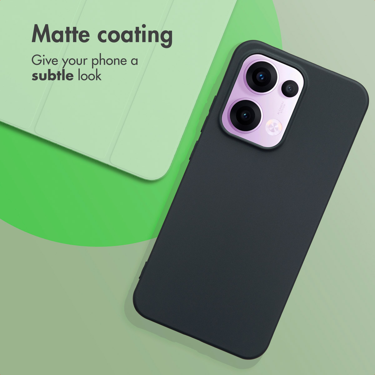 A black matte phone case on a green background with text highlighting its matte coating and subtle look.