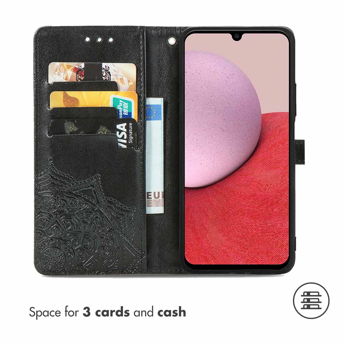 Custodia per cellulare in pelle nera con goffratura mandala, tre tasche per carte e una tasca.