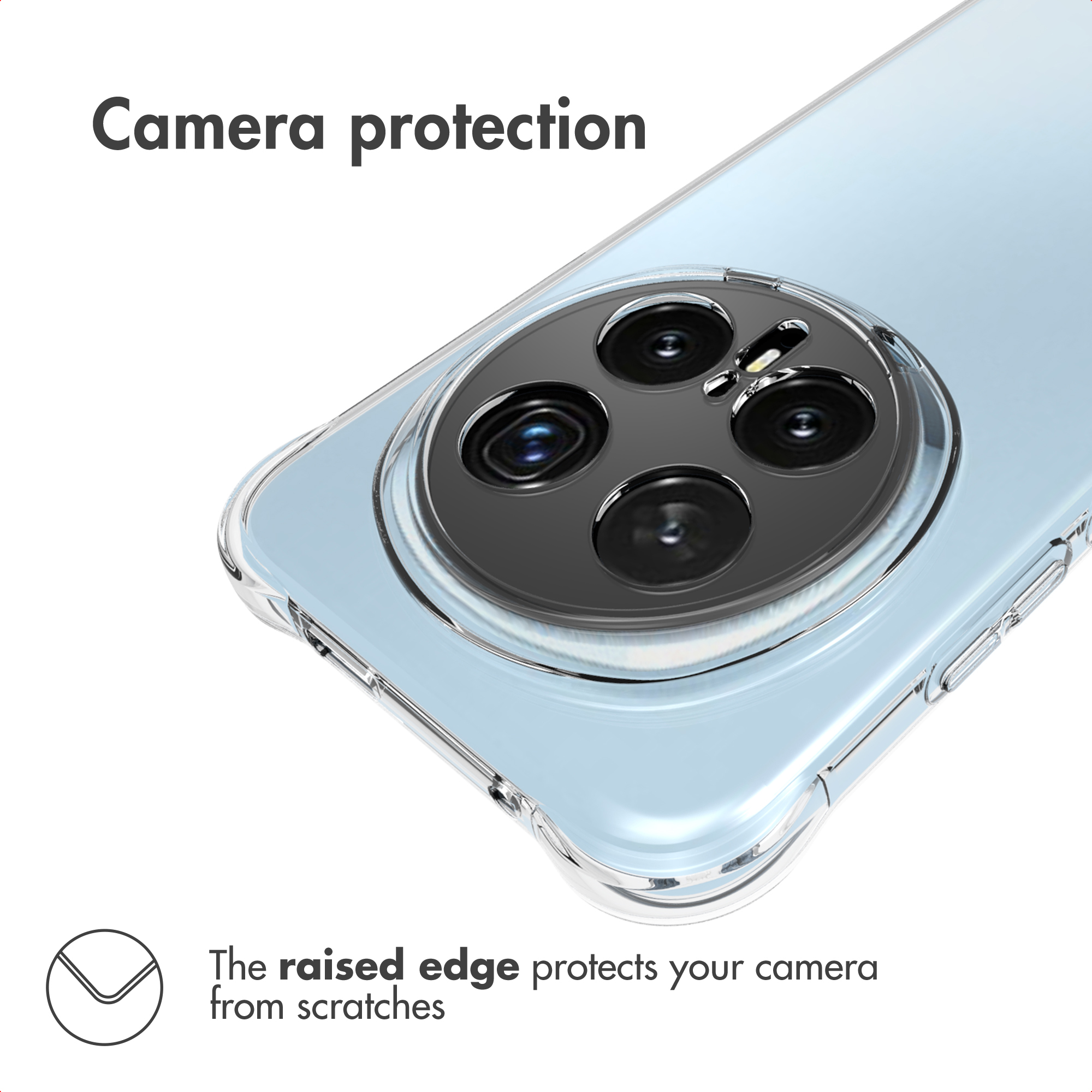 Un teléfono con funda transparente muestra el borde elevado que protege su módulo de cámara.