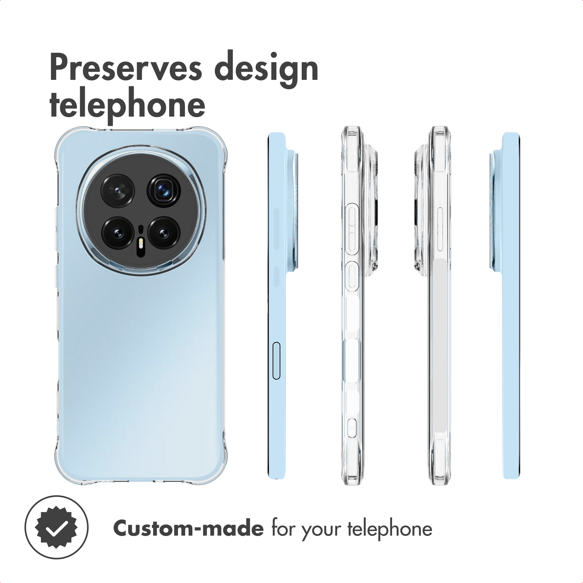 Funda transparente para teléfono que muestra diferentes ángulos y el módulo de cámara.