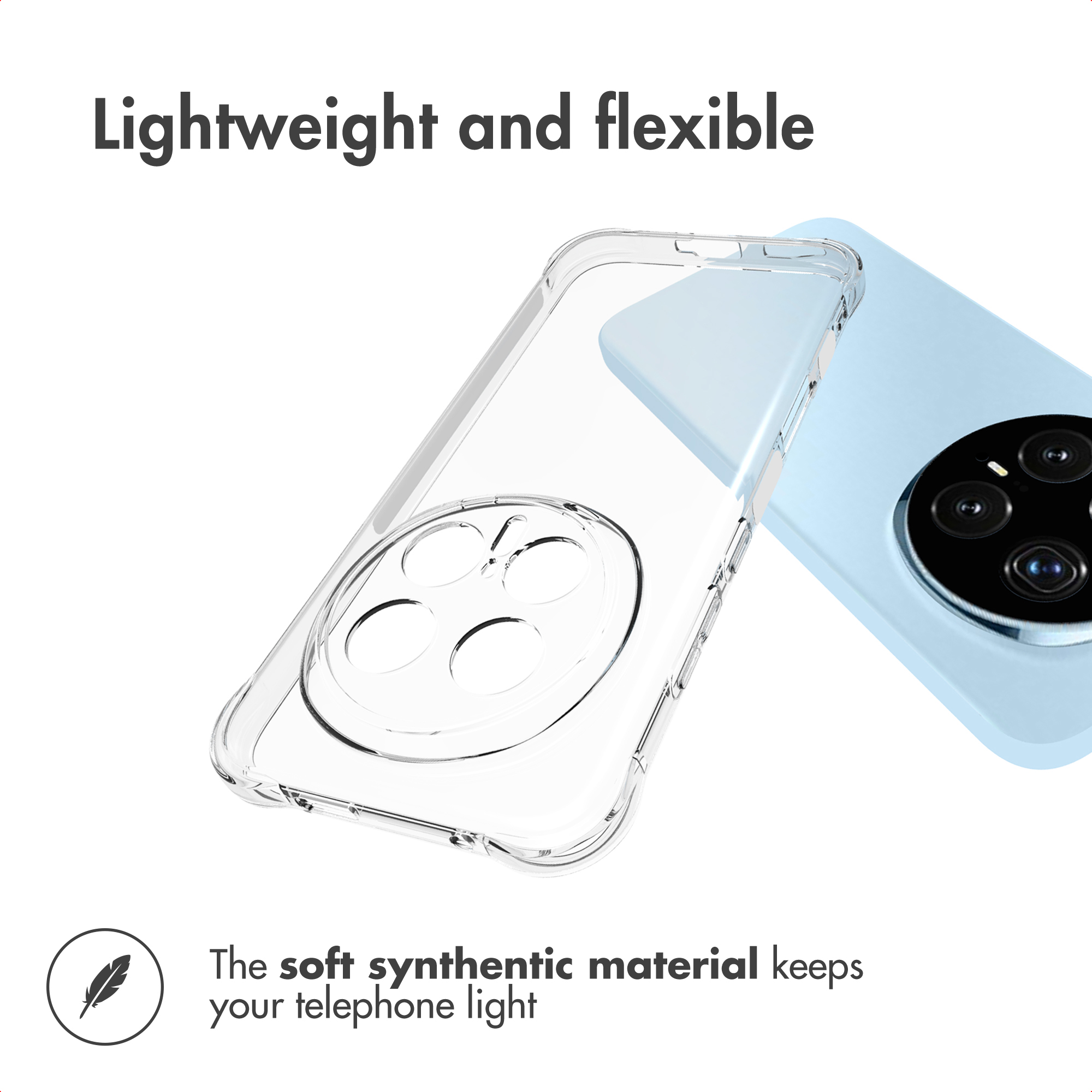 Funda de teléfono transparente ligera y flexible junto a un teléfono azul claro.