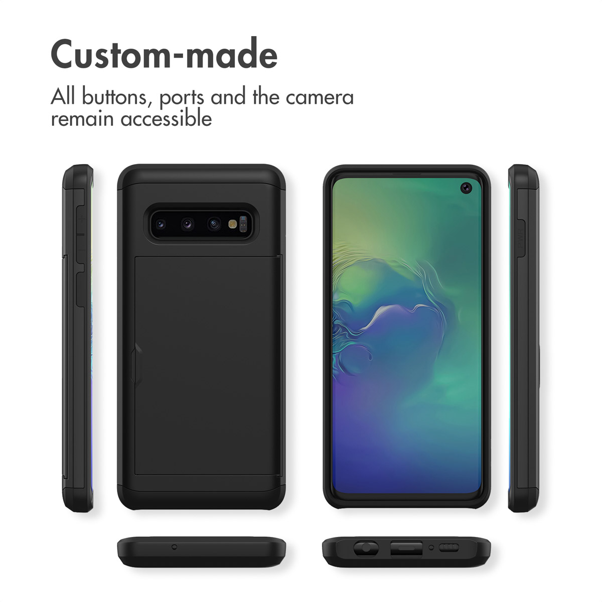 Verschiedene Ansichten einer schwarzen Smartphone-Hülle mit Kartenfach auf der Rückseite und Text.